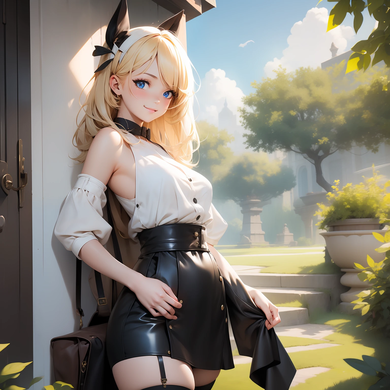 (masterpiece), (best quality), (1girl), solo, sexy, perfect body, stand, sunny, windy, outdoor, black stocking, smile