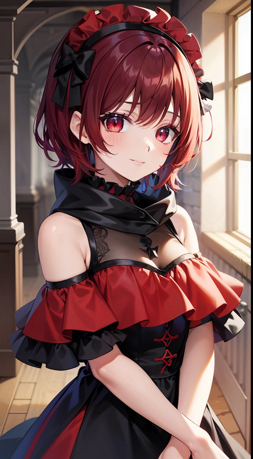 young girl, short black or red hair, The eyes are red, The shape of the royal jester, ssmile, clown makeup, Masterpiece, hiquality