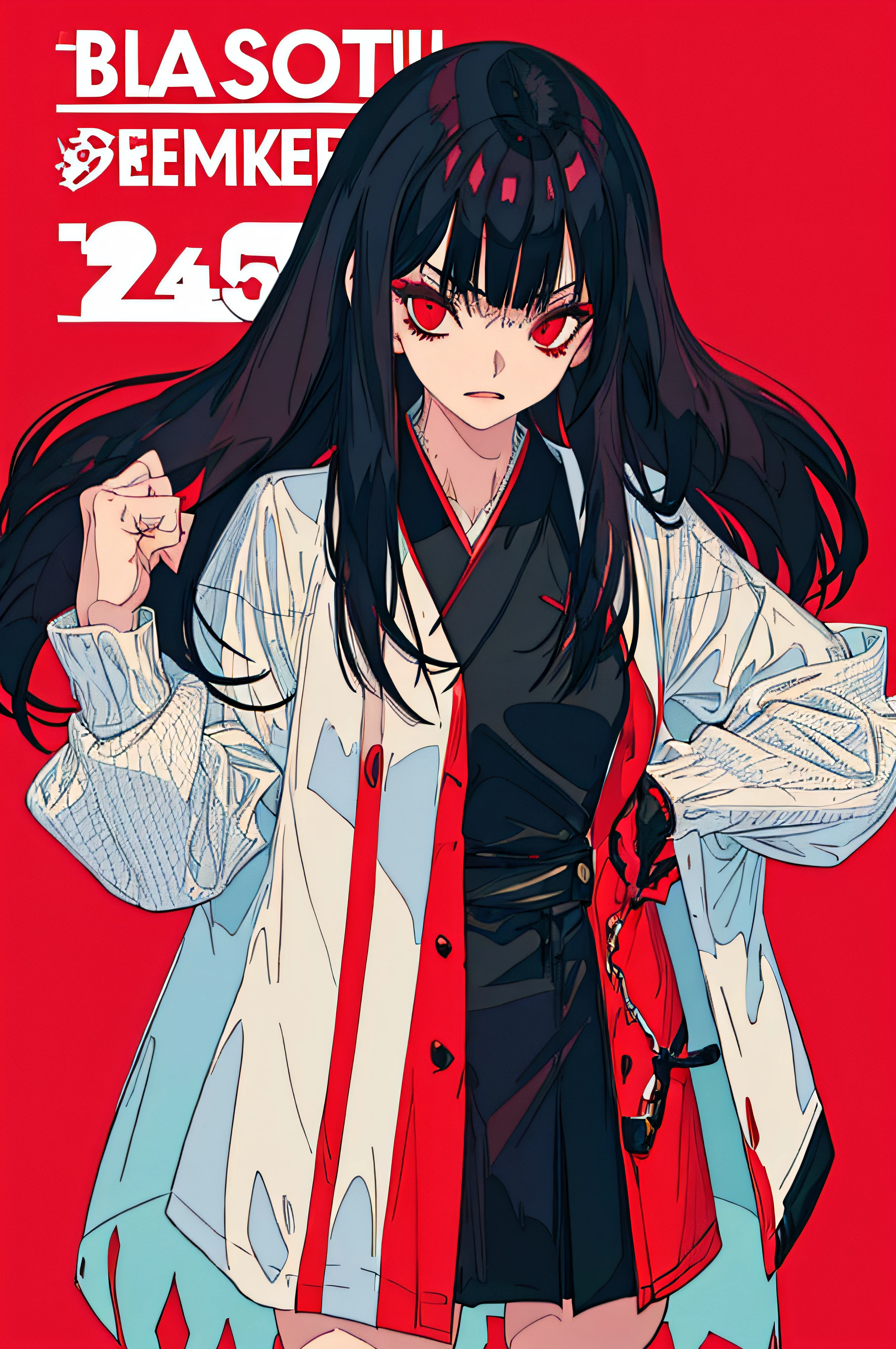 Woman in a bold and provocative pose, Coloring tones are achromatic, bobbed black hair, He has a tough look on his face, The background is dark and intense red, modern, majestueux, Be confident, Detailed, fashionable, The thighs are exposed, Background of gradient texture, Text in Japanese, Three-dimensional