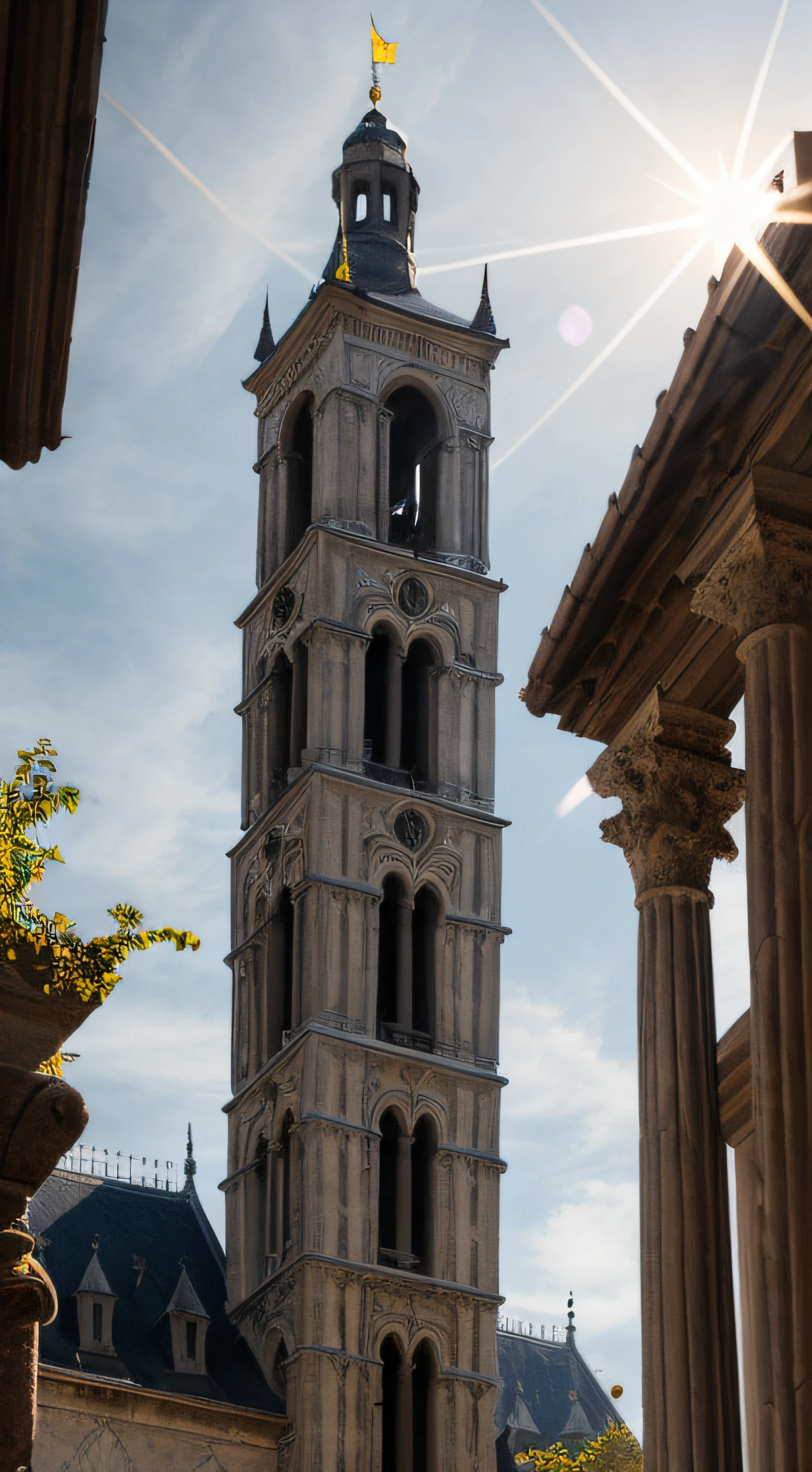 close up depiction of a medieval neoclassical tower designed by Hans Ruedi Giger, octagonal, exterior, medieval neoclassical architecture, in a big medieval city, (backlighting), realistic, masterpiece, highest quality, lens flare, shade, bloom, [[chromatic aberration]], by Jeremy Lipking, by Antonio J. Manzanedo, digital painting