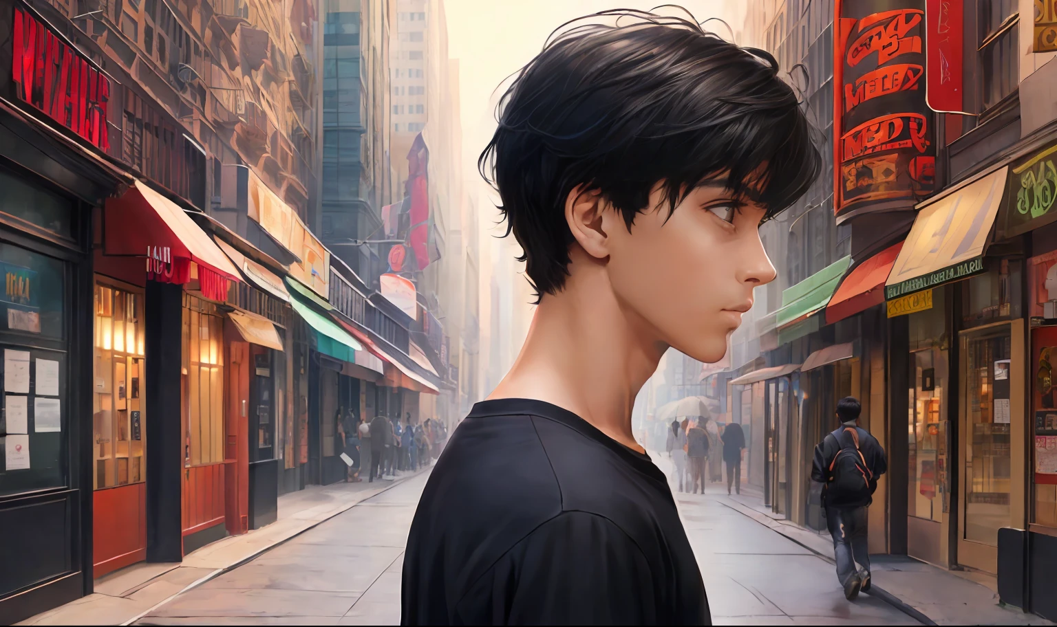 ((obra maestra)),(((La mejor calidad))), (alta calidad, impresionante),(ojos expresivos, Cara perfecta), Sad -yeld boith straight black hair, piel morena sin ropa, Walking lost through the streets of New York looking at someone else walking away