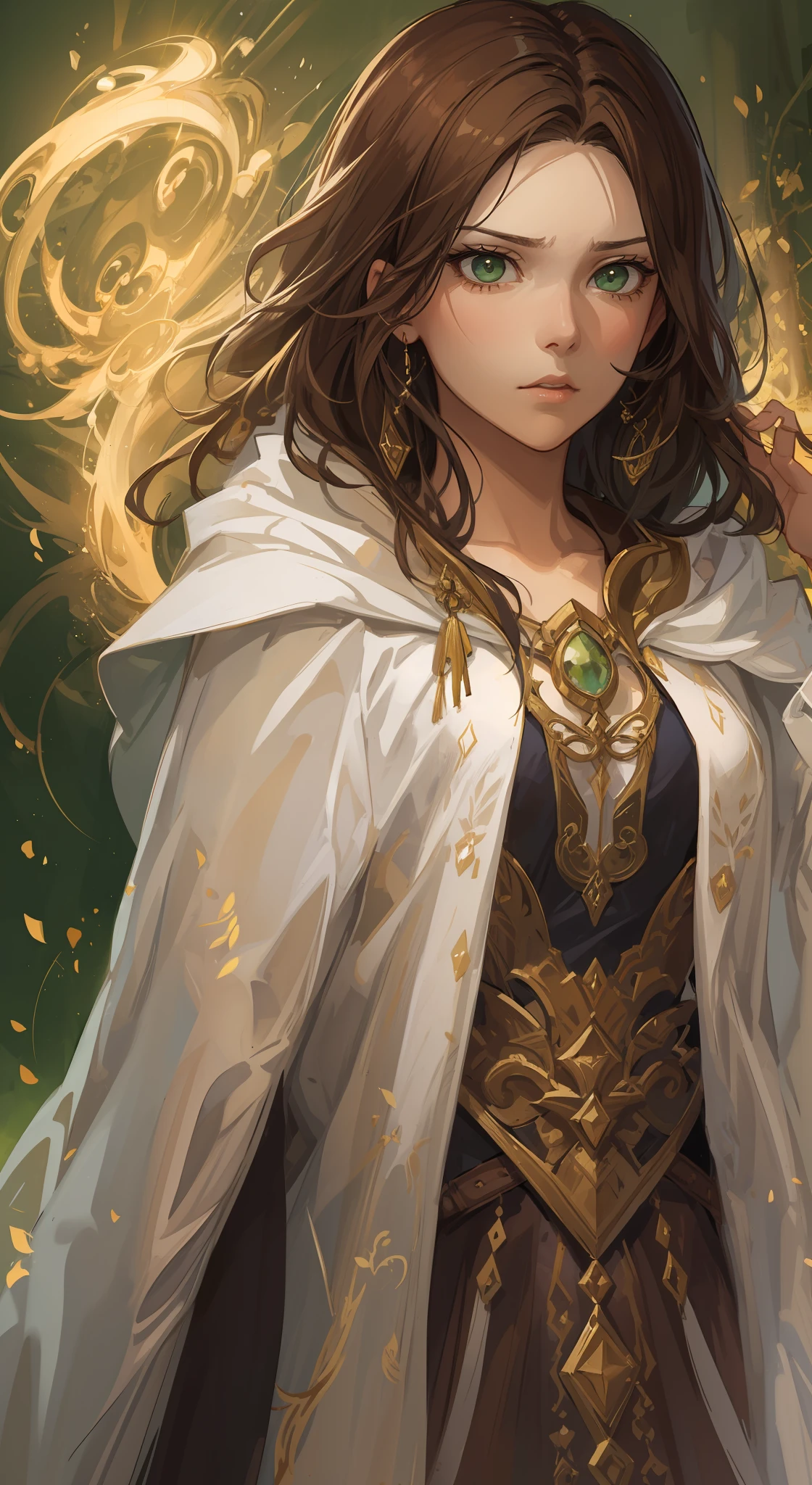 A beautiful woman with green eyes and brown hair she is a sorceress wearing noble white and gold robes A princess of magic and a sad look of dramatic concern Expressive Green lights and elemental magic Elements of Nature Greatness A background full of magic An art for an RPG A medieval art for RPG