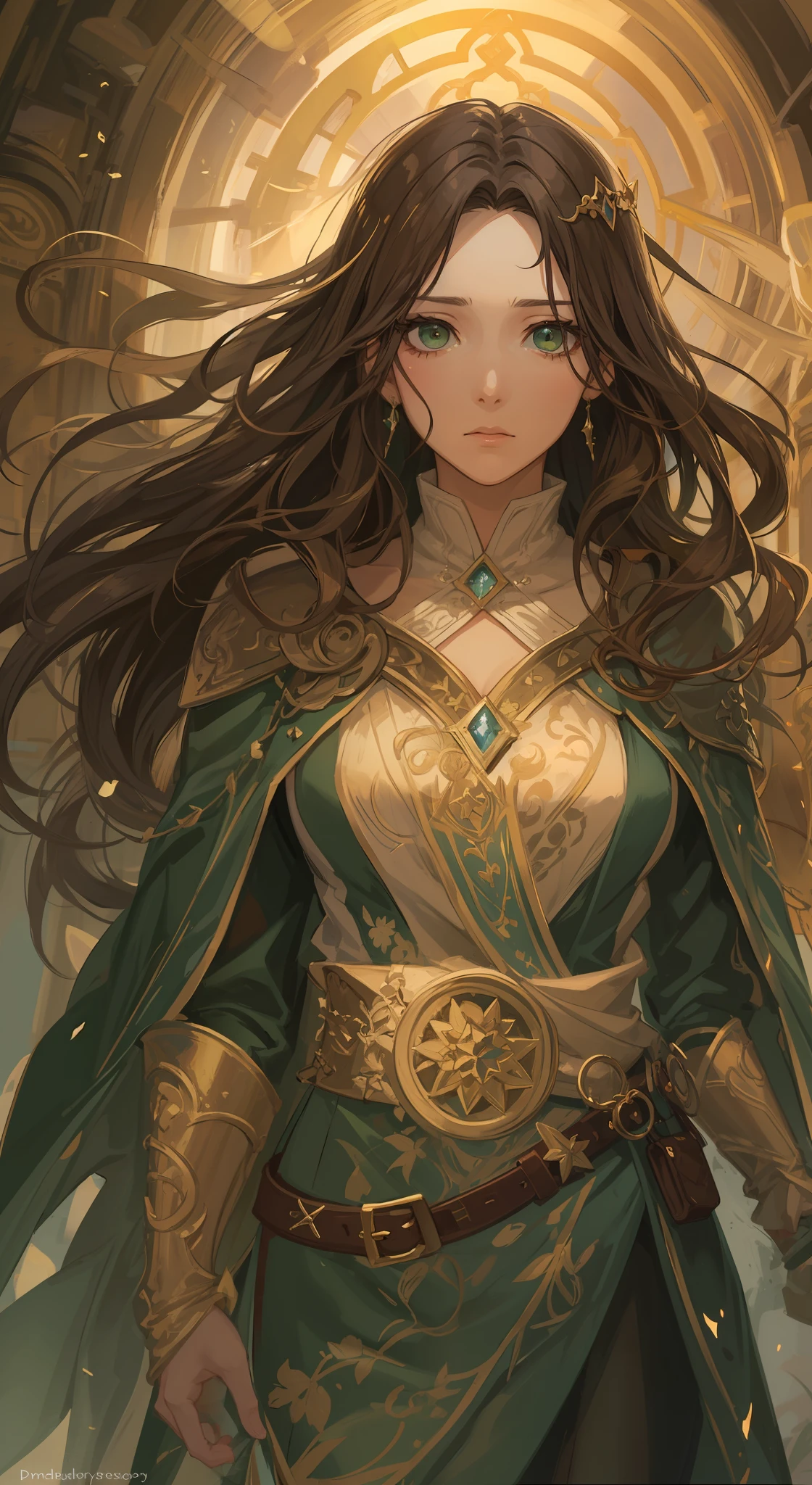 A beautiful woman with green eyes and brown hair she is a sorceress wearing noble white and gold robes A princess of magic and a sad look of dramatic concern Expressive Green lights and elemental magic Elements of Nature Greatness A background full of magic An art for an RPG A medieval art for RPG