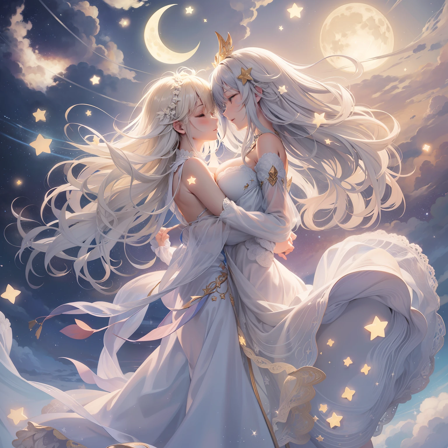 starrysky，nigh sky， As estrelas，themoon，Lovers，hugs，Hand in hand，𝓡𝓸𝓶𝓪𝓷𝓽𝓲𝓬，the night，Snuggle up to each other， meteors，Heart，shared，blissful，Love，Mood，big breasts beautiful，dream magical，Dance sweetly