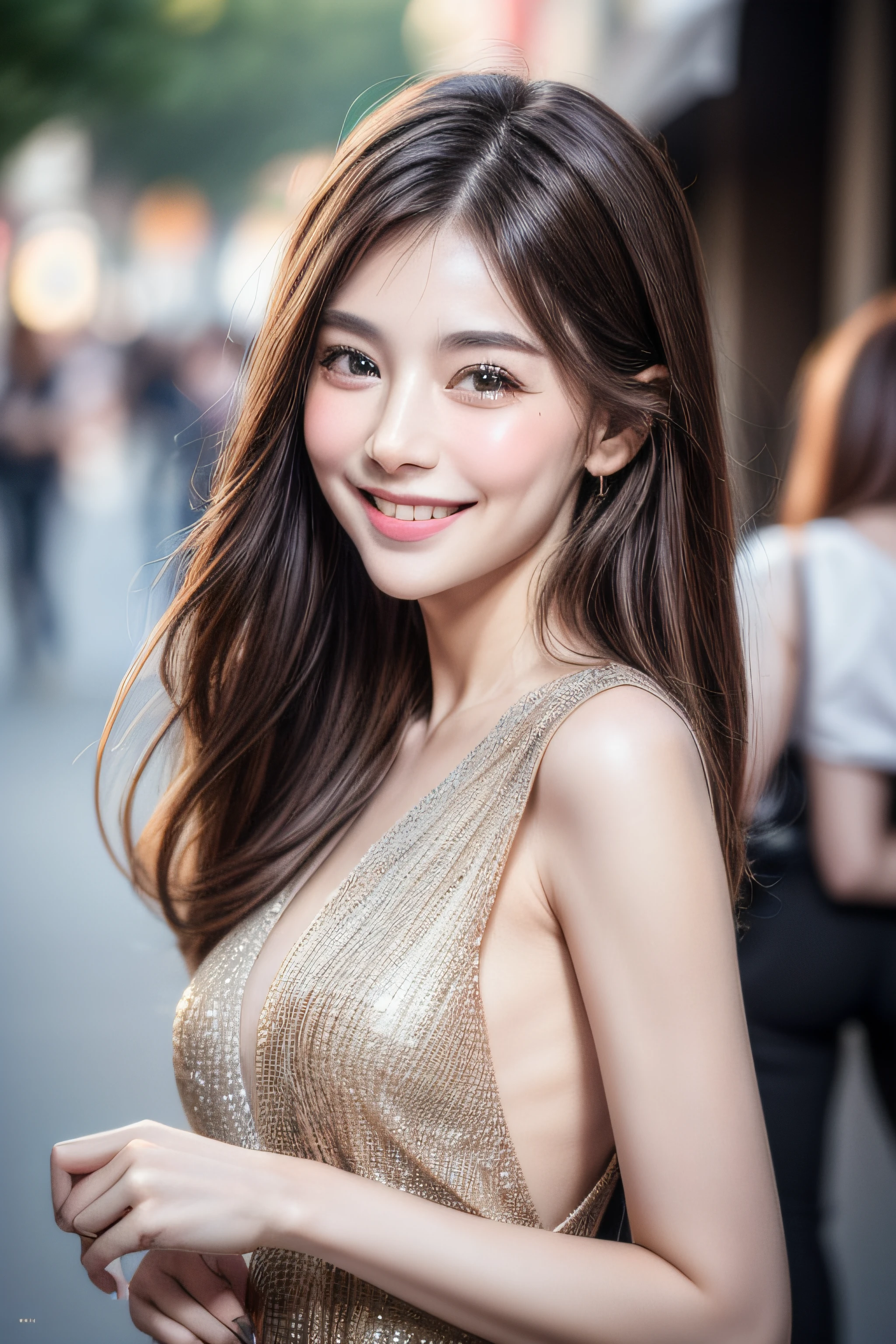 ((Best quality, 8k, Masterpiece :1.3)), 1girl, smiling, full body, slim face, Pretty woman, (Dark brown hair), full length dress :1.1, Ultra-detailed face, Detailed eyes, Double eyelid,  blur background, slim face, city, outside, street,