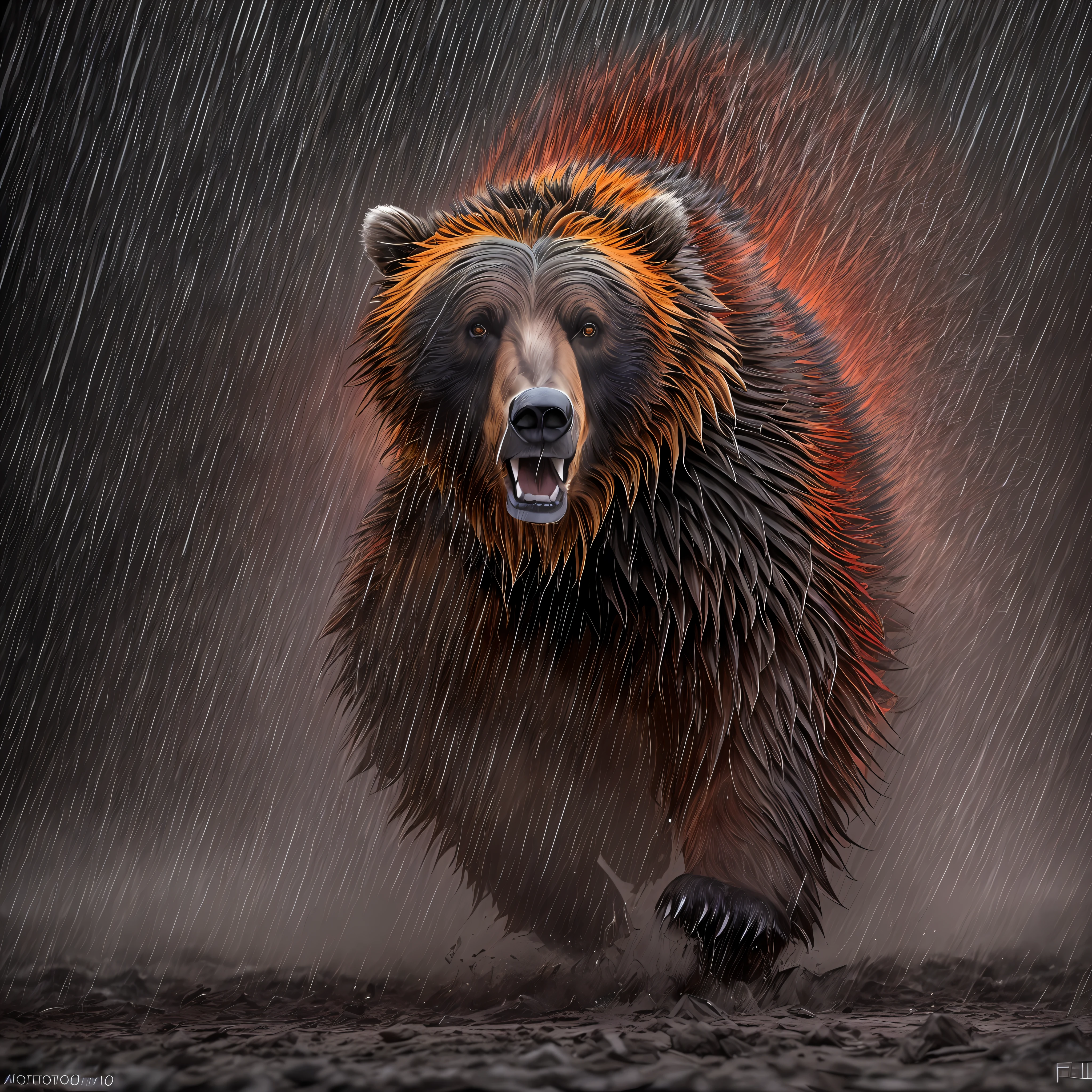 A grizzly bear sliding down a nuclear rainbow, full body shot, Best quality, masterpiece, ultra high res, raw photo, acid rain, thick fire hair, covered with acid, calm roaring angry mad expression, frantic, evil smile, as clothing, face, shoulders, inhuman pose, details, black background, no , frame, splatter, extreme detail, 3d, 8k, , on the , voluminous but still long, raining . By Joshua Holford Photography Award Winning and Flare fz80. araffe grizzly bear black red his , portrait of , artist wearing bones, circus evil , fully in colorful darkness , inspired Candido Bido, , weird expressionist , splash color draw out light, colored , made , dramatic portraiture namenlos