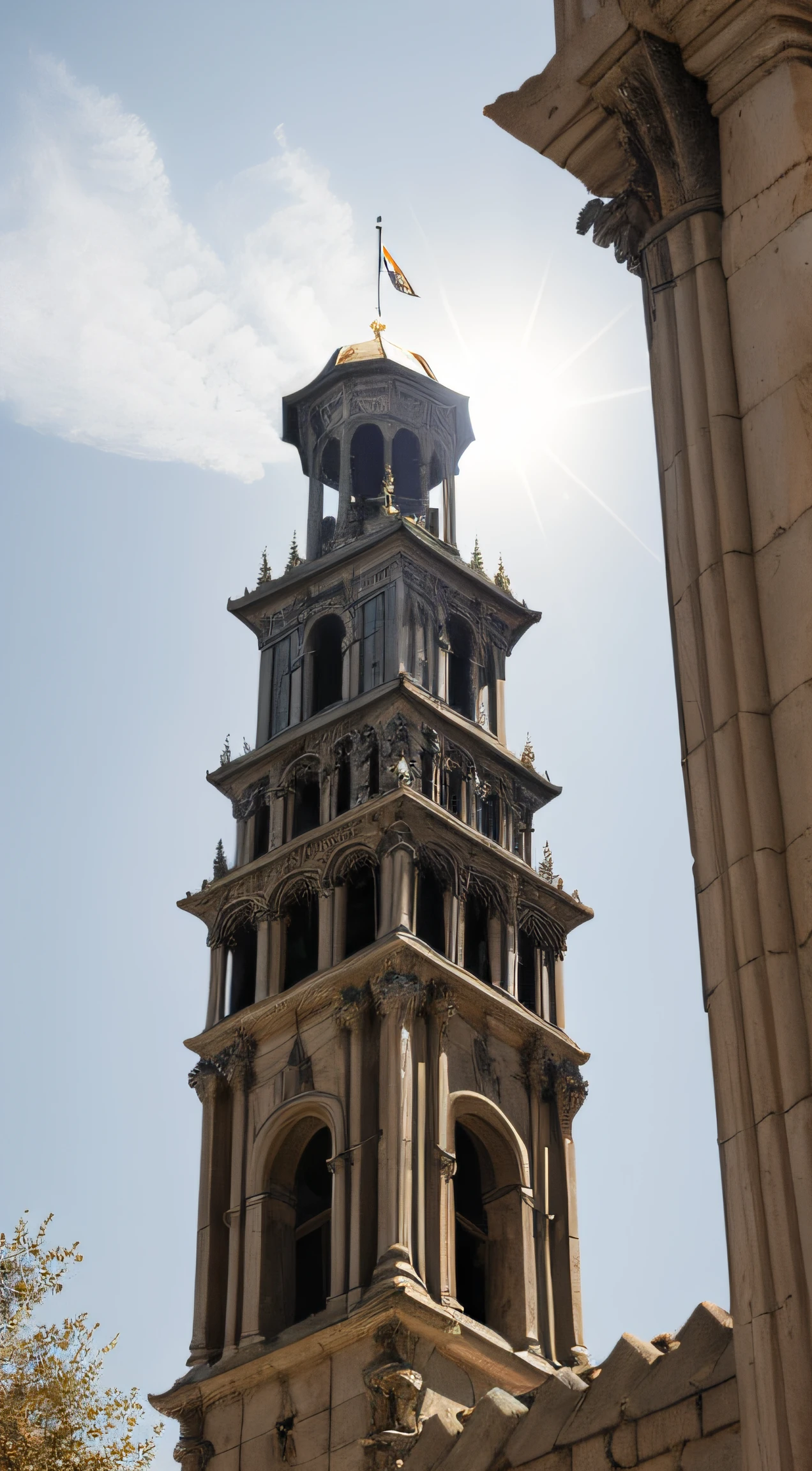 close up depiction of a medieval neoclassical tower designed by Hans Ruedi Giger, octagonal, exterior, medieval neoclassical architecture, in a big medieval city, (backlighting), realistic, masterpiece, highest quality, lens flare, shade, bloom, [[chromatic aberration]], by Jeremy Lipking, by Antonio J. Manzanedo, digital painting