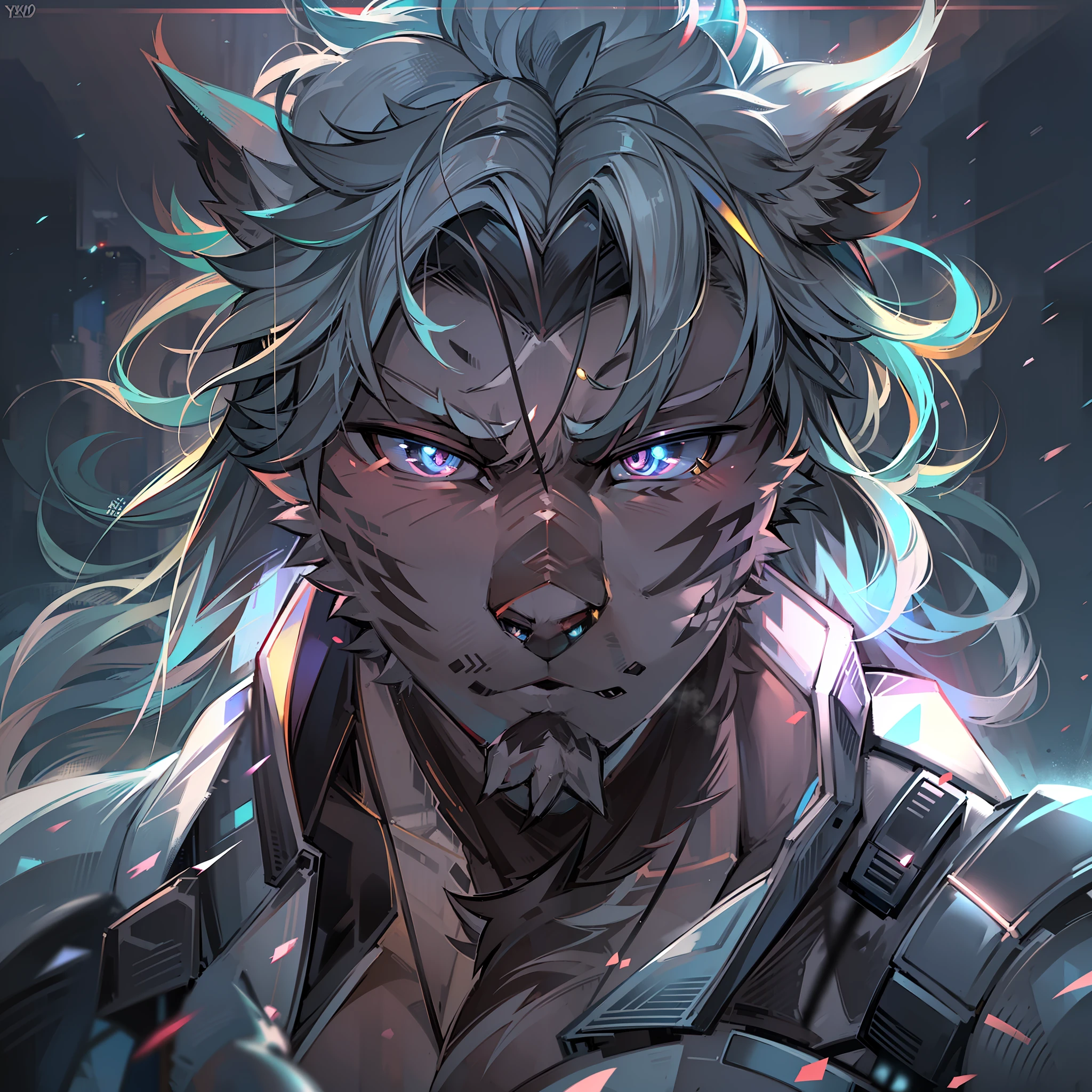 (Solo)), Handsome movie wide angle portrait (Hairy silver tiger male, Fighter), Cyberpunk, toyko, Night Street, Dynamic posing, Neon lights, ((Powerful, Serious, Strong, Detailed cat face, Large, delicate clear eyes), looks away), Natural and soft lighting, 8K, sfv, Peaceful , Cyberpunk cape, hires, (Fluffy:1.1), Strong, Cinematic, cinematic ligh, Speed, Running, (Detailed body fur:1.1),