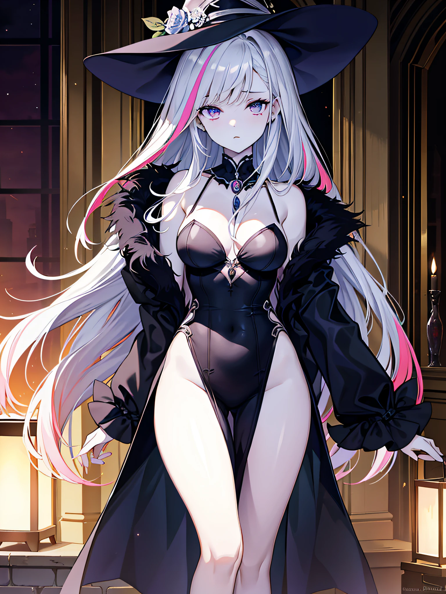 witches, s whole body, She wears sensual clothes that reveal her figure, His skin is pale, his expression is blank, and he is staring into the air, The appearance of a young and mature girl, Dynamic and confident pose, It is expressed only up to the thorax, Multicolored hair