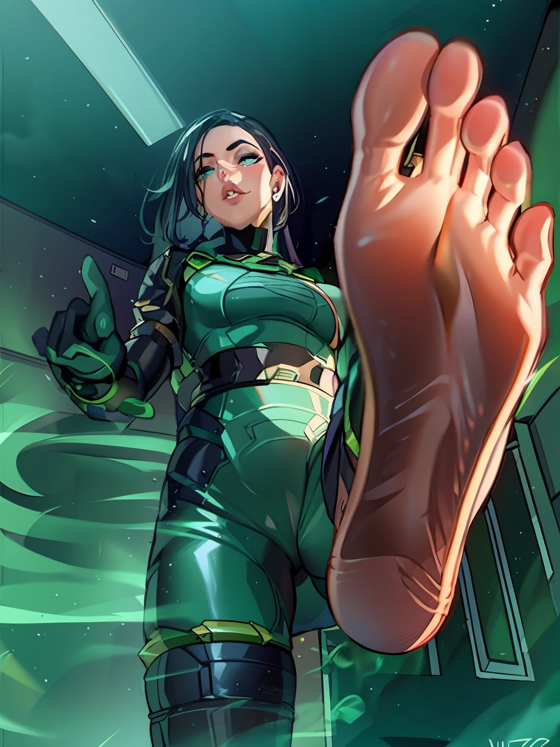 Viper standing in a room with her foot up, mid view from below her feet, high soles, legs taking your pov, masterpiece, best quality, valorantviper, green bodysuit, elbow gloves, belt, looking at viewer, midriff exposed, face, portrait, close-up, glowing eyes, green smoke, detailed foot pov, 8 feet from the camera, low view, macro giantess, perspective from below, giantess, cory chase, show from below, full body pov, giantess shot, big feet, feet posing