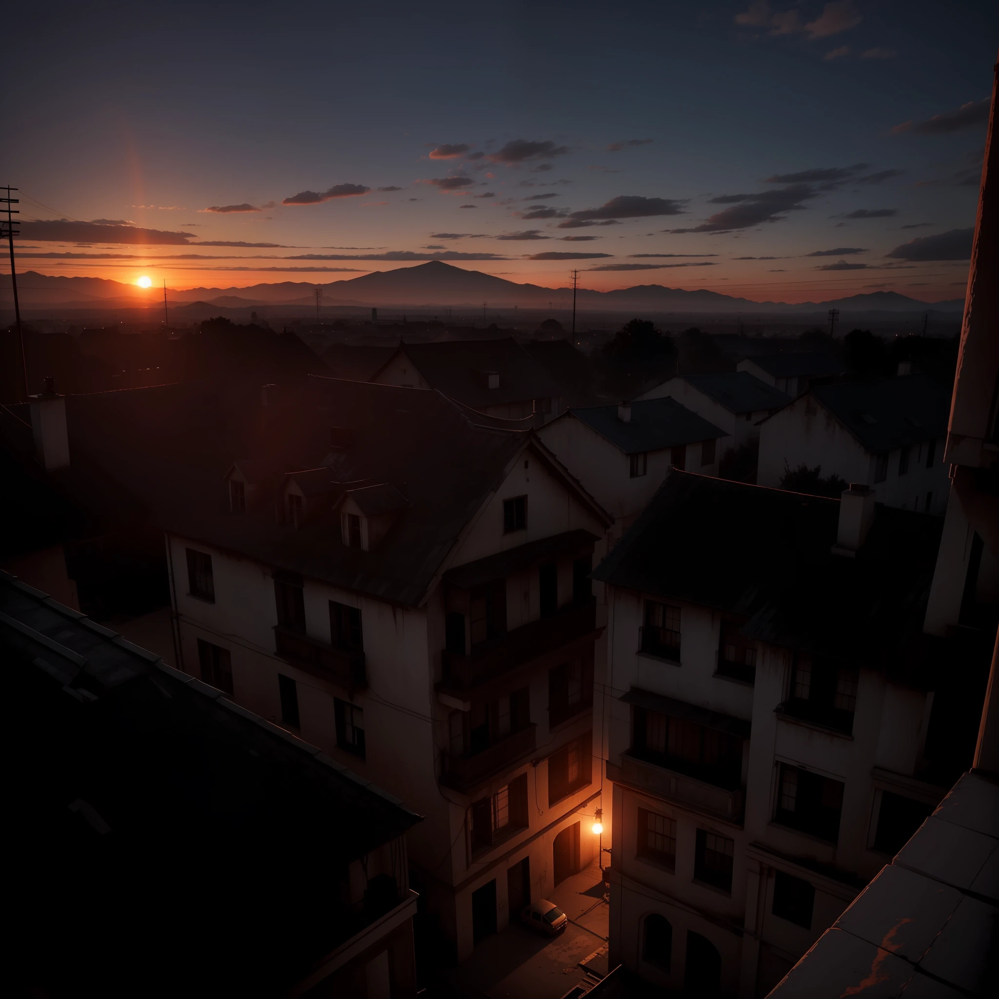 Aerial and old school view at sunset, estilo jogo de terror, Last game, Evil Inspirado, Terror de videogame indie, 8k, maximum detailed, alta qualidade