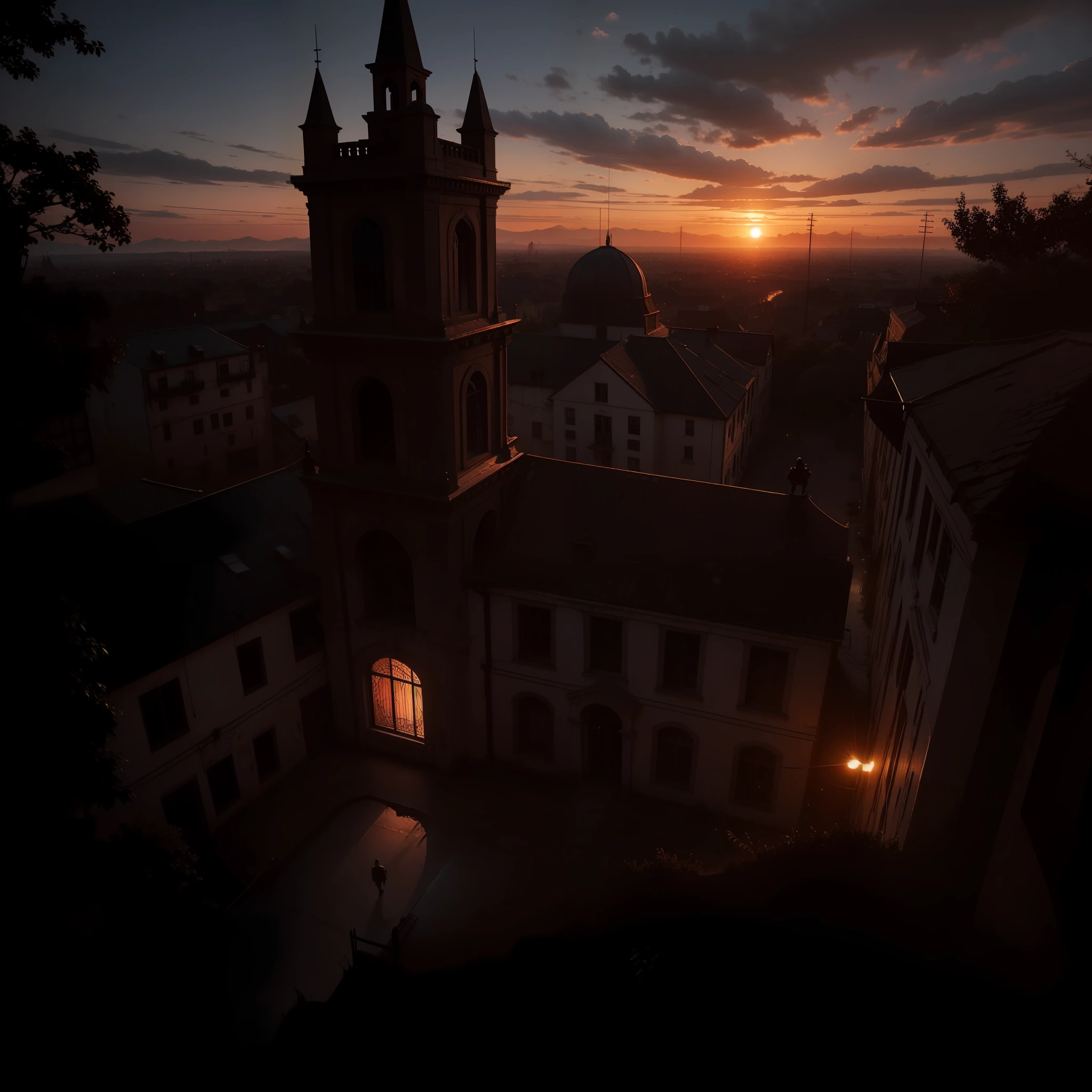 Aerial and old school view at sunset, estilo jogo de terror, Last game, Evil Inspirado, Terror de videogame indie, 8k, maximum detailed, alta qualidade