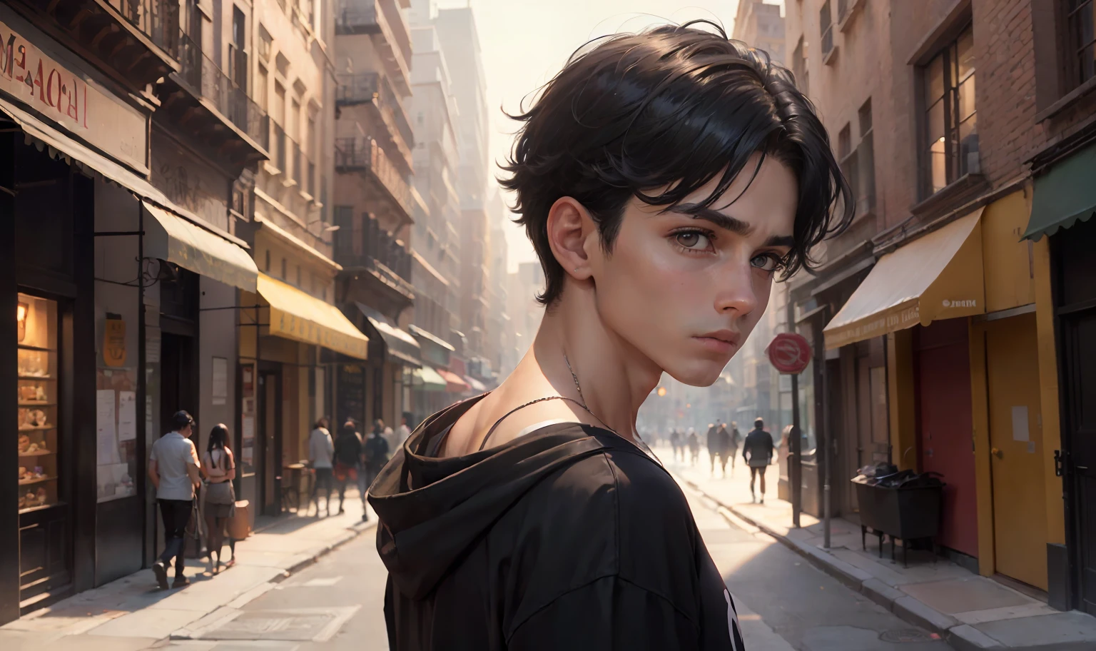 ((obra maestra)),(((La mejor calidad))), (alta calidad, impresionante),(ojos expresivos, Cara perfecta), Sad 15-year-old boy with straight black hair, piel morena sin ropa, Walking lost through the streets of New York looking at someone else walking away