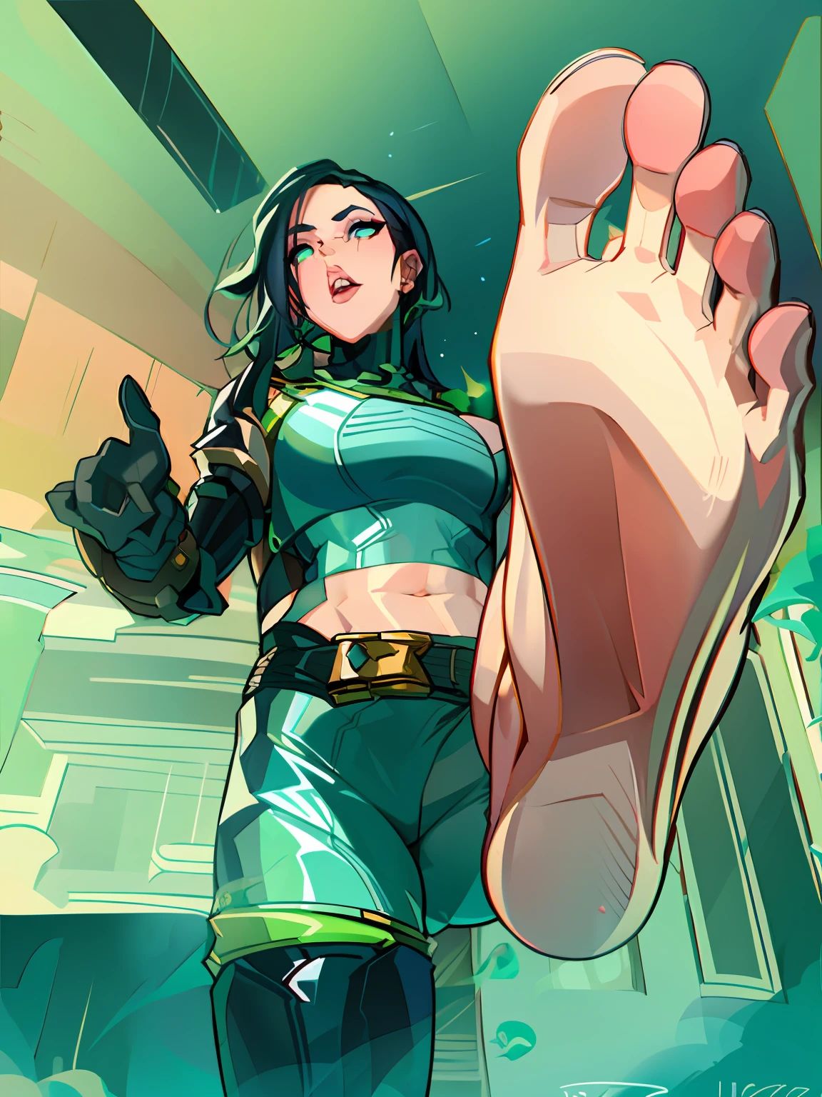 Viper standing in a room with her foot up, mid view from below her feet, high soles, legs taking your pov, masterpiece, best quality, valorantviper, green bodysuit, elbow gloves, belt, looking at viewer, (((midriff exposed))), face, portrait, close-up, glowing eyes, green smoke, detailed foot pov, 8 feet from the camera, low view, macro giantess, perspective from below, giantess, cory chase, show from below, full body pov, giantess shot, big feet, feet posing