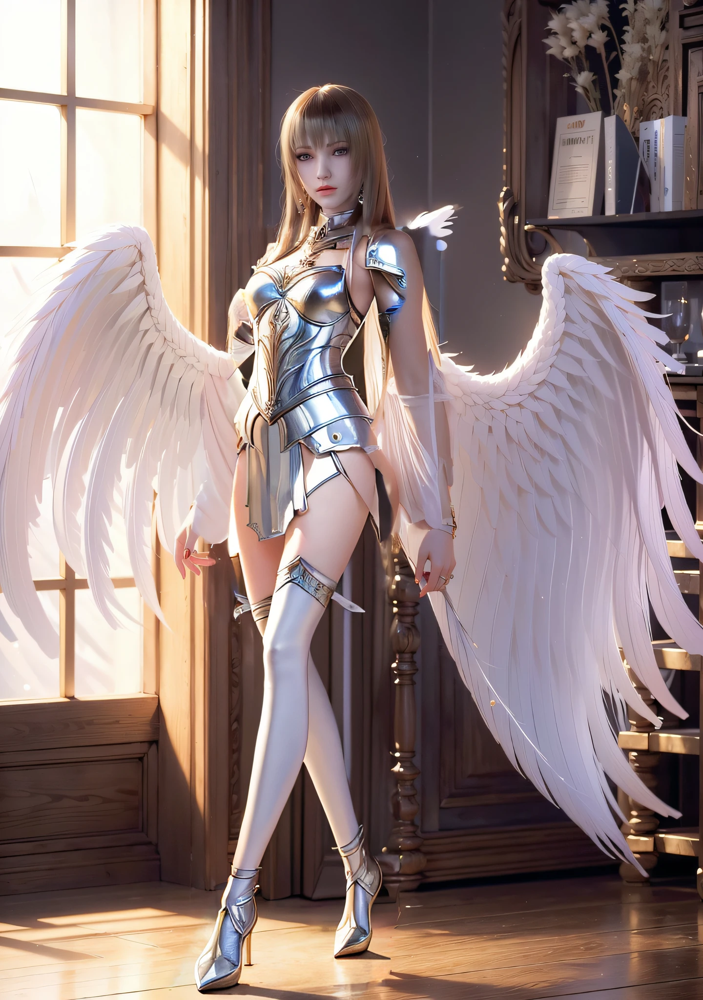 there is a woman in a silver dress posing for a picture, sakimichan frank franzzeta, elegant smooth silver armor, beautiful female knight, of a beautiful female knight, girl in knight armor, alluring elf princess knight, with sleek silver armor, fantasyoutfit, lineage 2 revolution style, covered in full silver armor, Silver armor