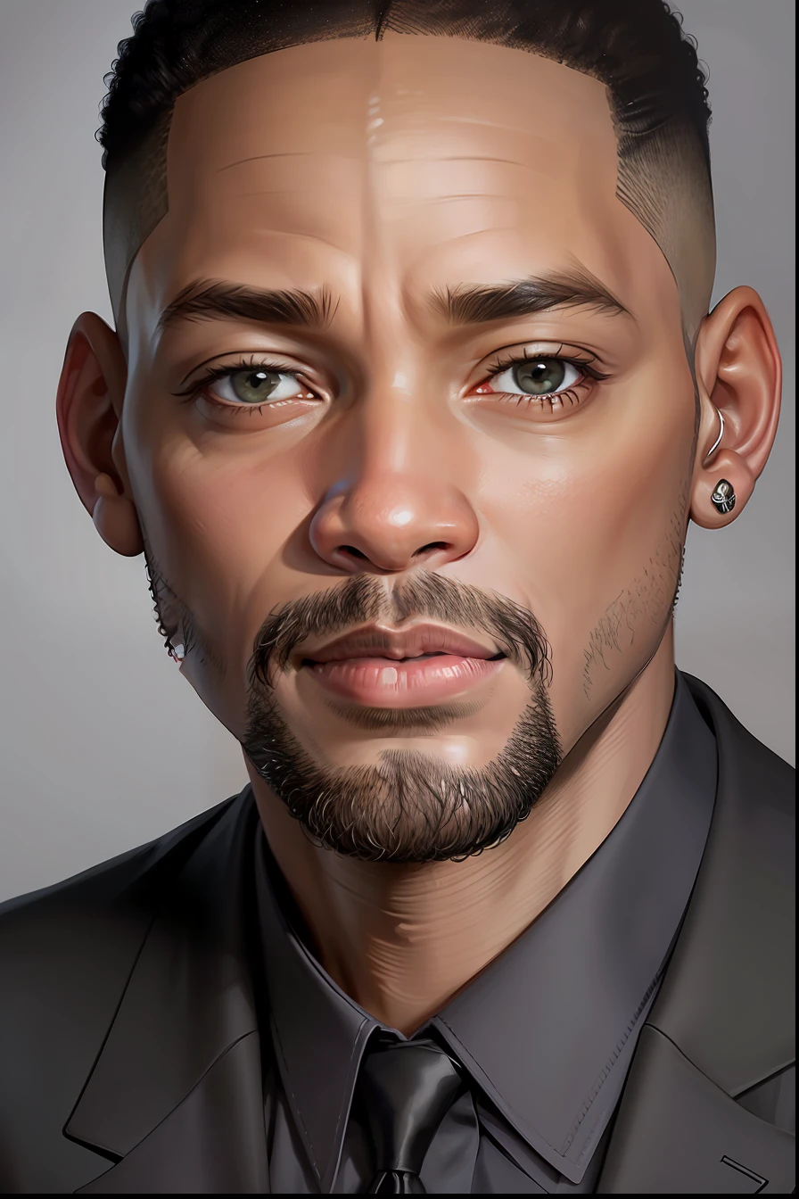 Um homem de cabelos pretos e terno, Retrato de Will Smith, sitting in a chair in an office, Retrato altamente realista, Retrato digital, como Will Soares, altamente detalhado