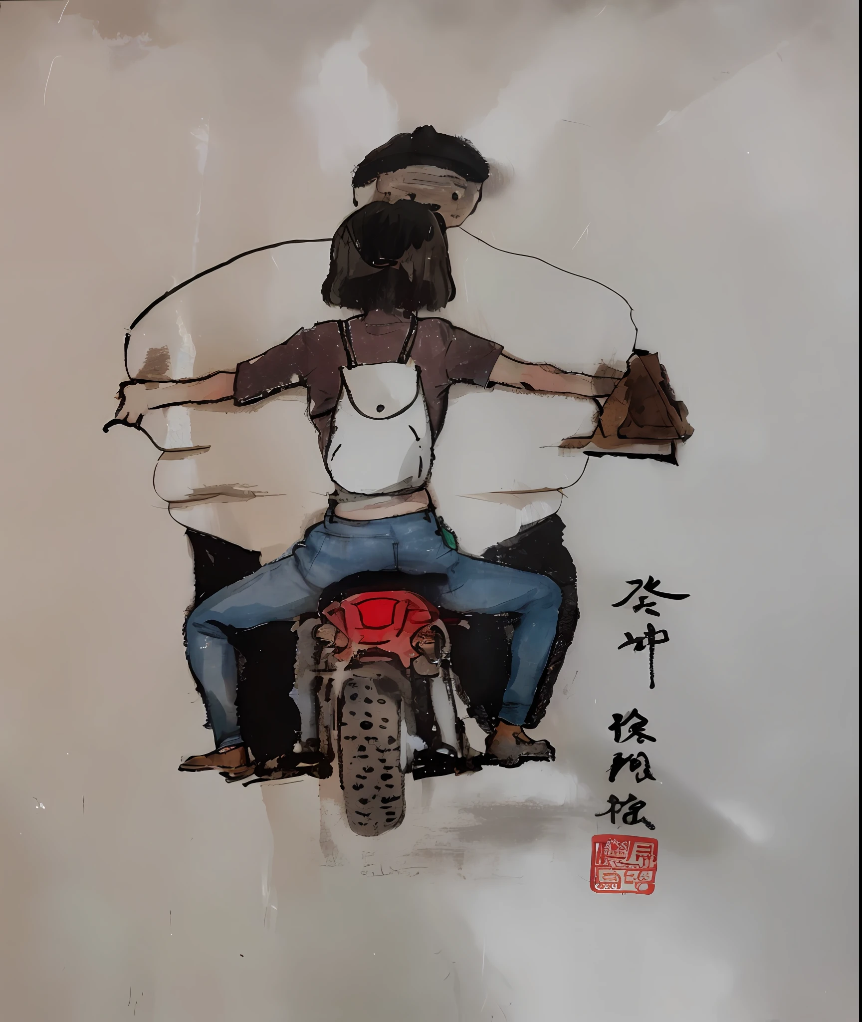 Draw a man riding a motorcycle,There was a woman in the back, author:Jiang Huian, author:Sheng Maoye, author:Gong Kai, author:Wang Duo, author:Igiles, author:Luo Mu, By Li Song, author:Gong Xian, author:Qu Leilei, author:Gaige, author:Xi Gang, author:Gao Kegong, author:Ni Zan