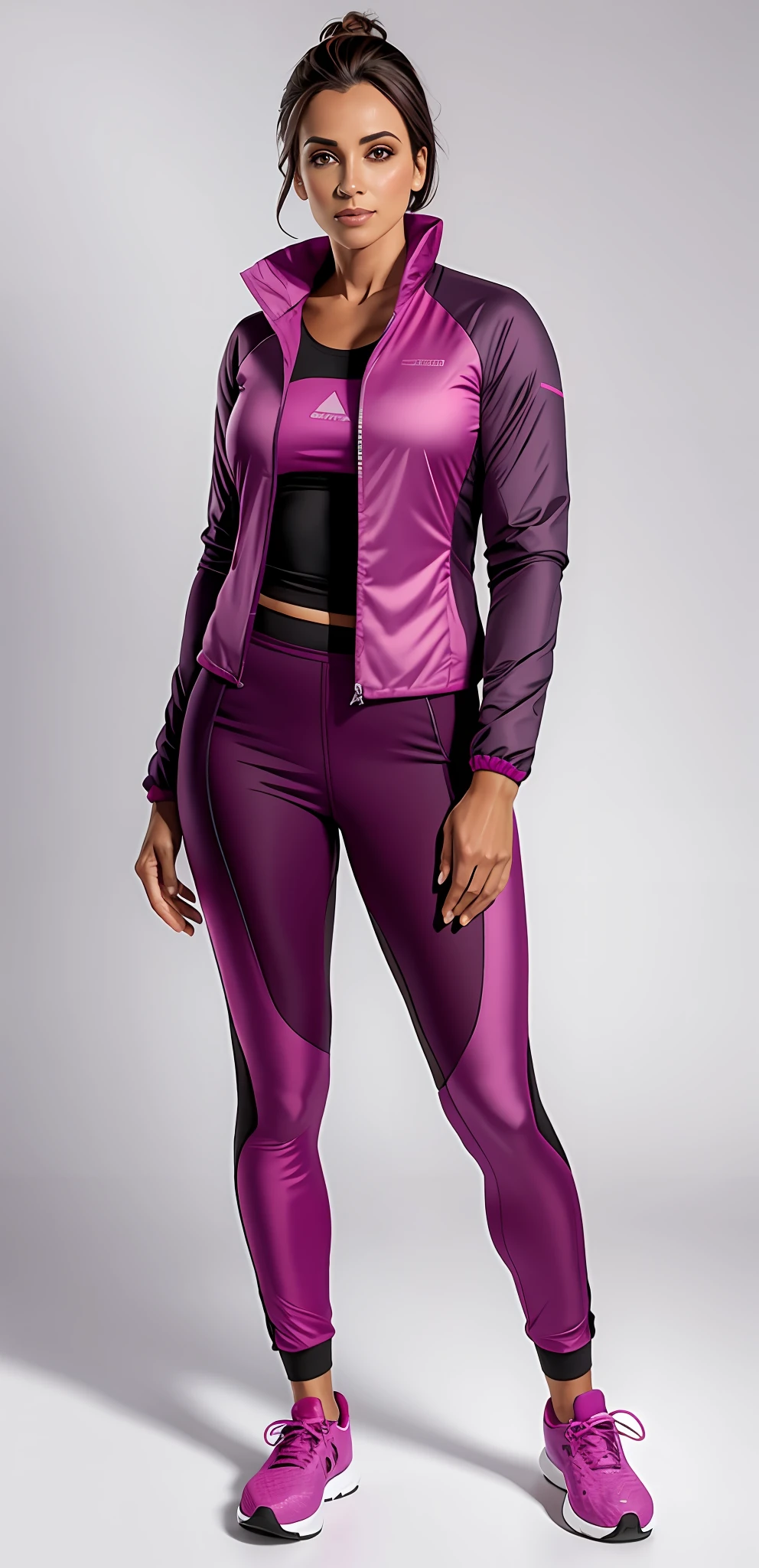 mulher em uma jaqueta esportiva roxa e saia posando para uma foto, corpo bonito, corpo sexy, corpo liso, jaqueta de nylon roxo, Roupas roxo e rosa, Purple jacket, trekking wear, usando jaqueta e saia, roupas de nylon roxo, Foto completa do produto, Camisa Magenta, roupa roxa, in trekking coat, magenta, roupa feminina, pele fuschia, com dois bolsos frontais, fuchsia skin, Directed by: Lee Jeffries