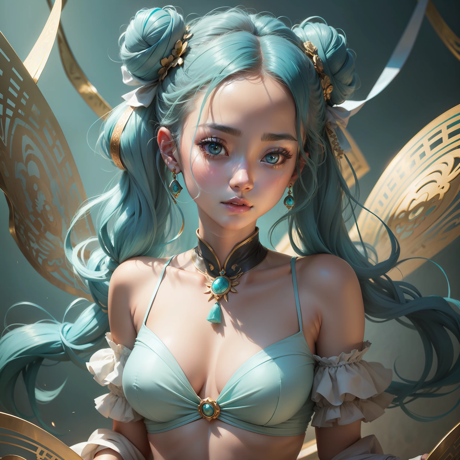 Bust photo, A beautiful woman, Messy hair, Girly, Symmetrical bun, Hair accessories, jewelry, Delicate face, eye shadows, Delicate cyan top, Bare shoulders, navel, Bare belly, Dunhuang style, A lot of streamers, Delicate skin, Soft light effects, Exquisite...