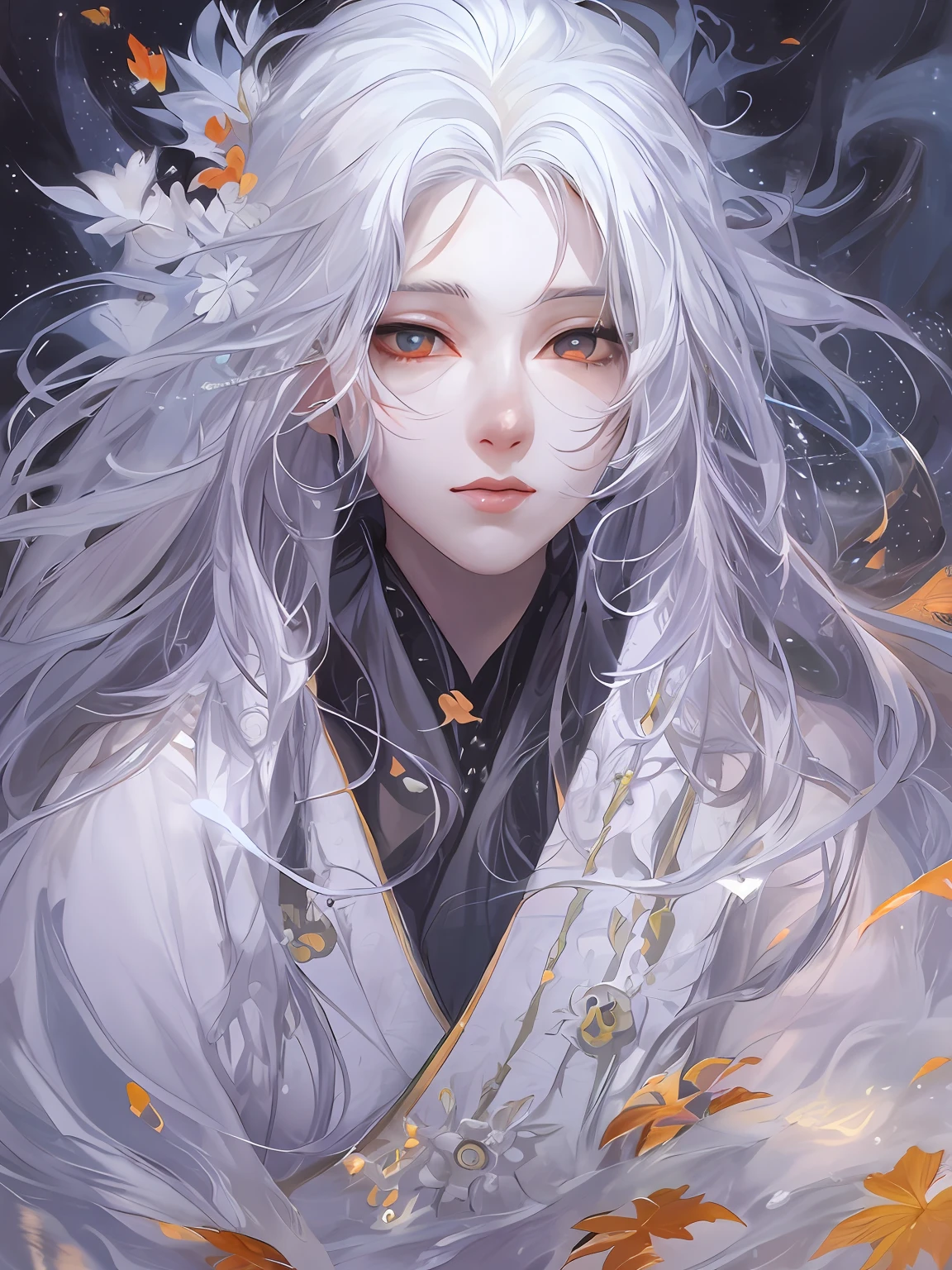 A pixiv competition winner, fantasy art, white-haired god, beautiful character painting, guvez style artwork, dazzling gaze of Yuki Onna, guweiz, long white hair, flowing hair and robes, cute big eyes, illustrations, fine lines, deep color