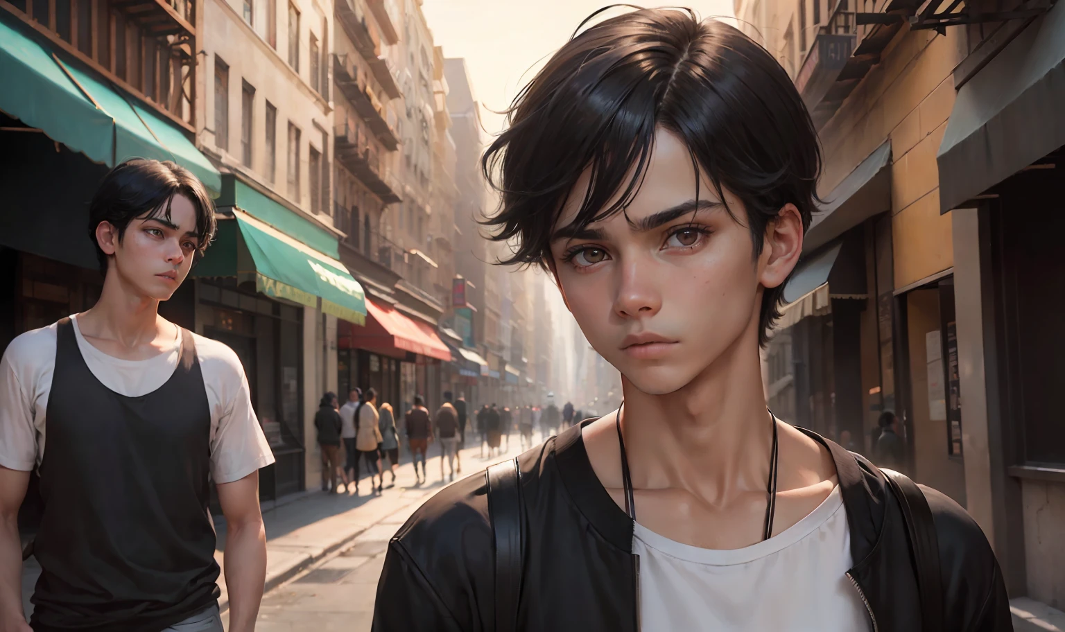 ((obra maestra)),(((La mejor calidad))), (alta calidad, impresionante),(ojos expresivos, Cara perfecta), Sad 15-year-old boy with straight black hair, piel morena sin ropa, Walking lost through the streets of New York looking at someone else walking away