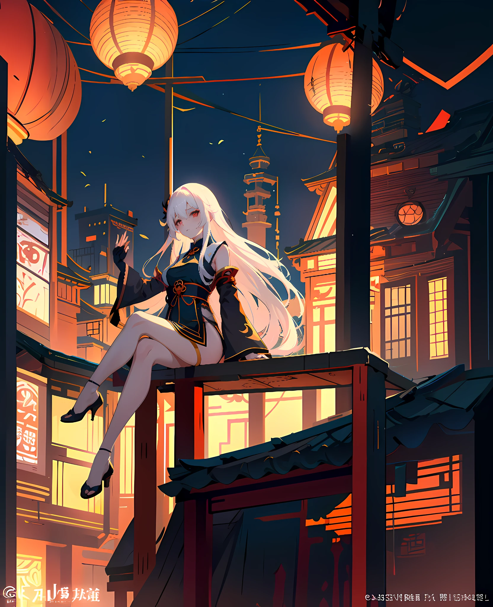 Anime girl sitting on rooftop，Has long white hair，One leg is bent in black silk，The other leg is straight bare，The background is a lantern, Artgerm and Atey Ghailan, by Yang J, atey ghailan 8 k, Kawasi, Keqing from Genshin Impact, Anime art wallpaper 8 K, Guviz-style artwork, Guweiz in Pixiv ArtStation, trending on artstation pixiv