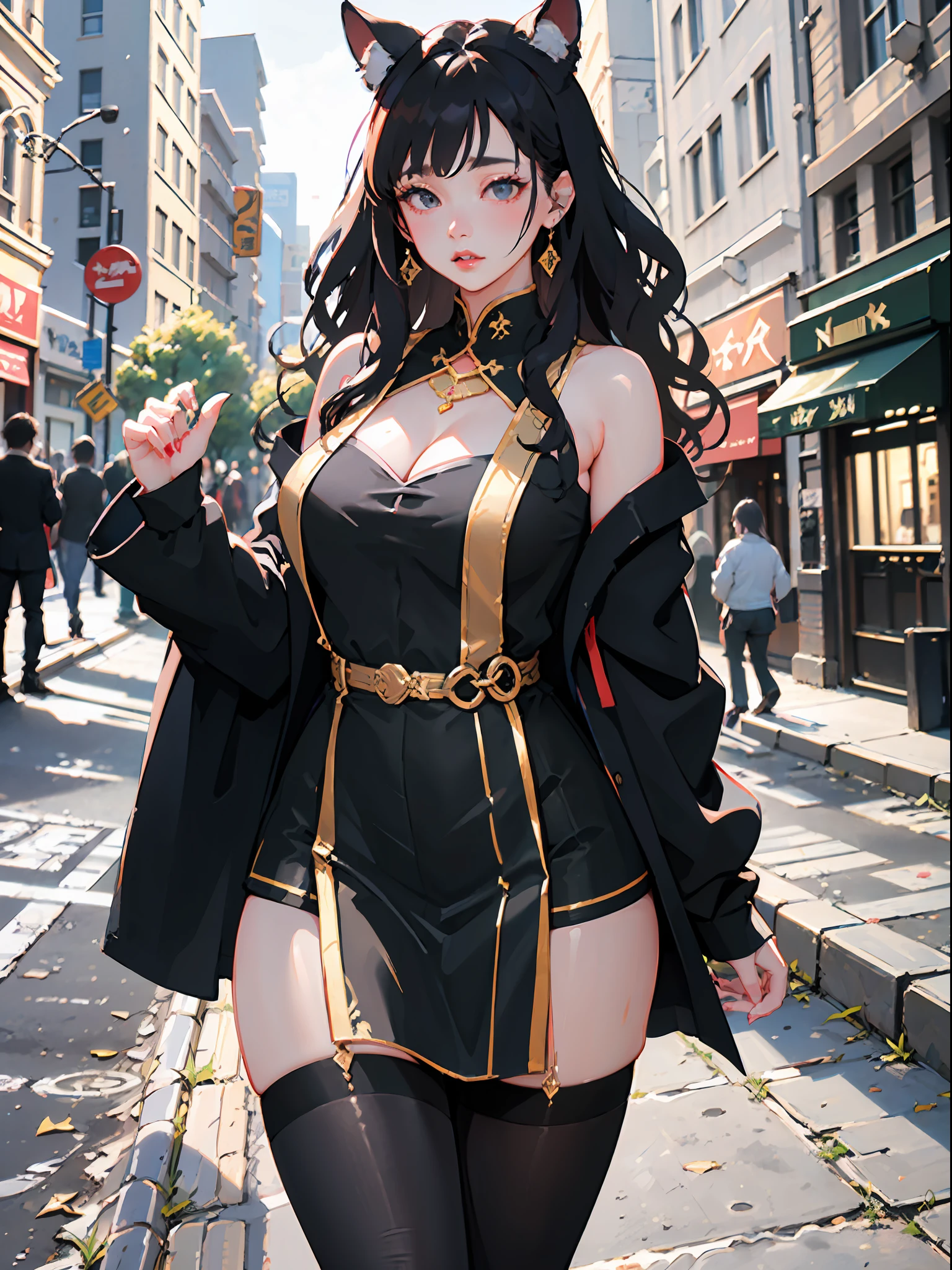 extremely detailed CG unity 8k wallpaper,(masterpiece),(best quality),(ultra detailed),(ultra realistic),(Best character details:1.36),nikon d750 f/1.4 55mm,dynamic angle,professional lighting, photon mapping, radiosity, physically-based rendering, outdoors,busy street,looking at viewer,blush, 1girl,mature female,milf,tall body,golden proportions,(Kpop idol),(shiny skin:1.2),(oil skin:1.1),makeup,[:(high detailed face:1.2):0.2]:,PureErosFace_v1, ((wavy gray hair and a sophisticated sense of style)),(aegyo sal:1),(puffy eyes),(eyelashes:1.1),(parted lips:1.1),red lipstick,wide shoulders,(medium breasts:1.1),(cleavage:1.1),animal ears,(big ass:1.2),thighhighs, silk coat, song, song Dynasty, song clothing