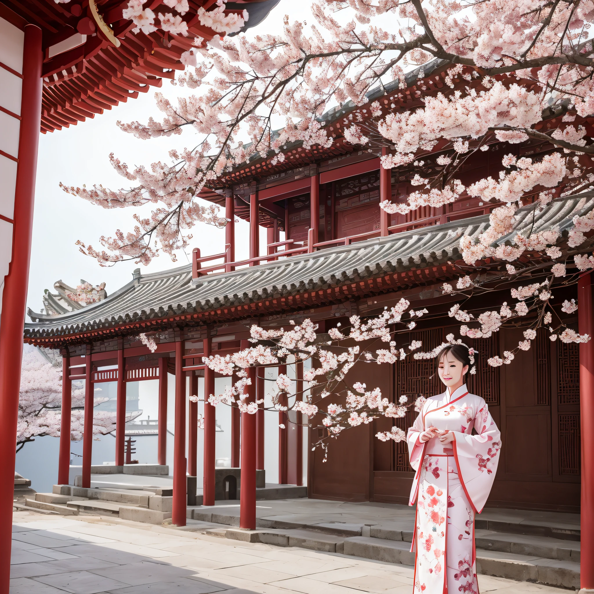 Cherry blossom petals flutter in the wind beside the ancient tower, Inside the terrace, A woman in Chinese costume plays the pipa