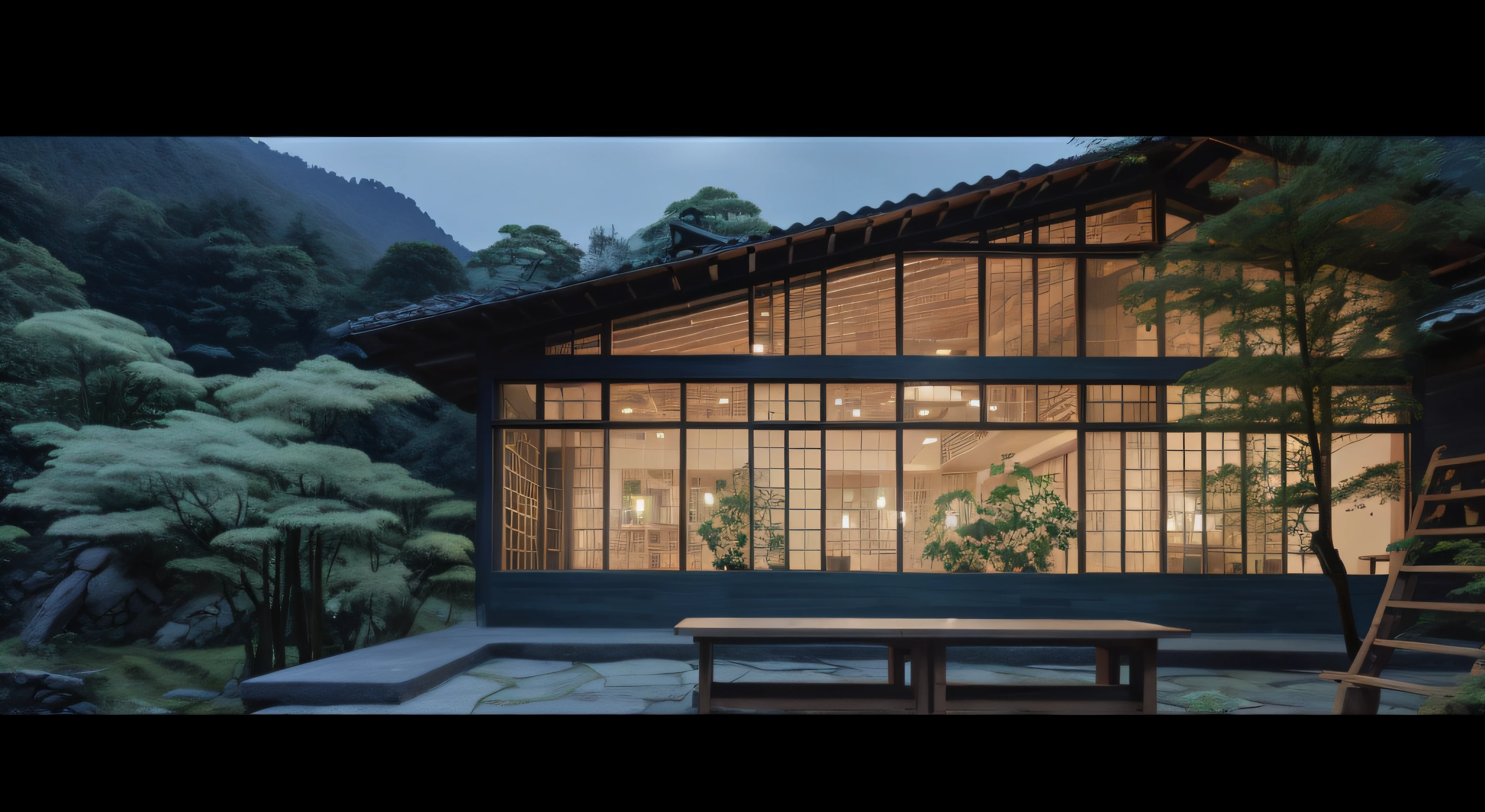 There is a table and bench in front of the building, inspired by Itō Jakuchū, inspired by Tōshi Yoshida, japanese glass house, high-end onsen, Japanese style houses, inspired by Gusukuma Seihō, inspired by Maruyama Ōkyo, inspired by Kaigetsudō Ando