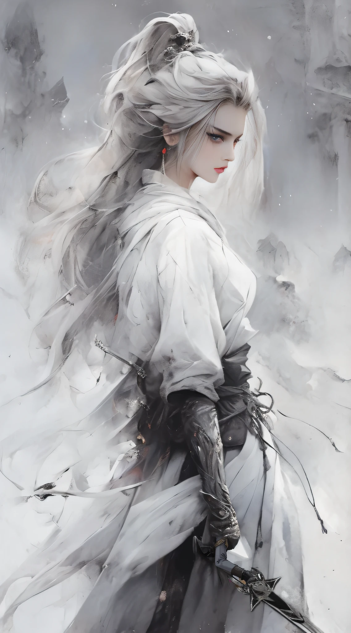 a close up of a woman with a sword in a painting, by Yang J, beautiful character painting, artwork in the style of guweiz, guweiz, by Fan Qi, by Li Song, by Huang Shen, by Ye Xin, white hanfu, by Zeng Jing, by Song Xu, by Leng Mei, by Zhou Fang