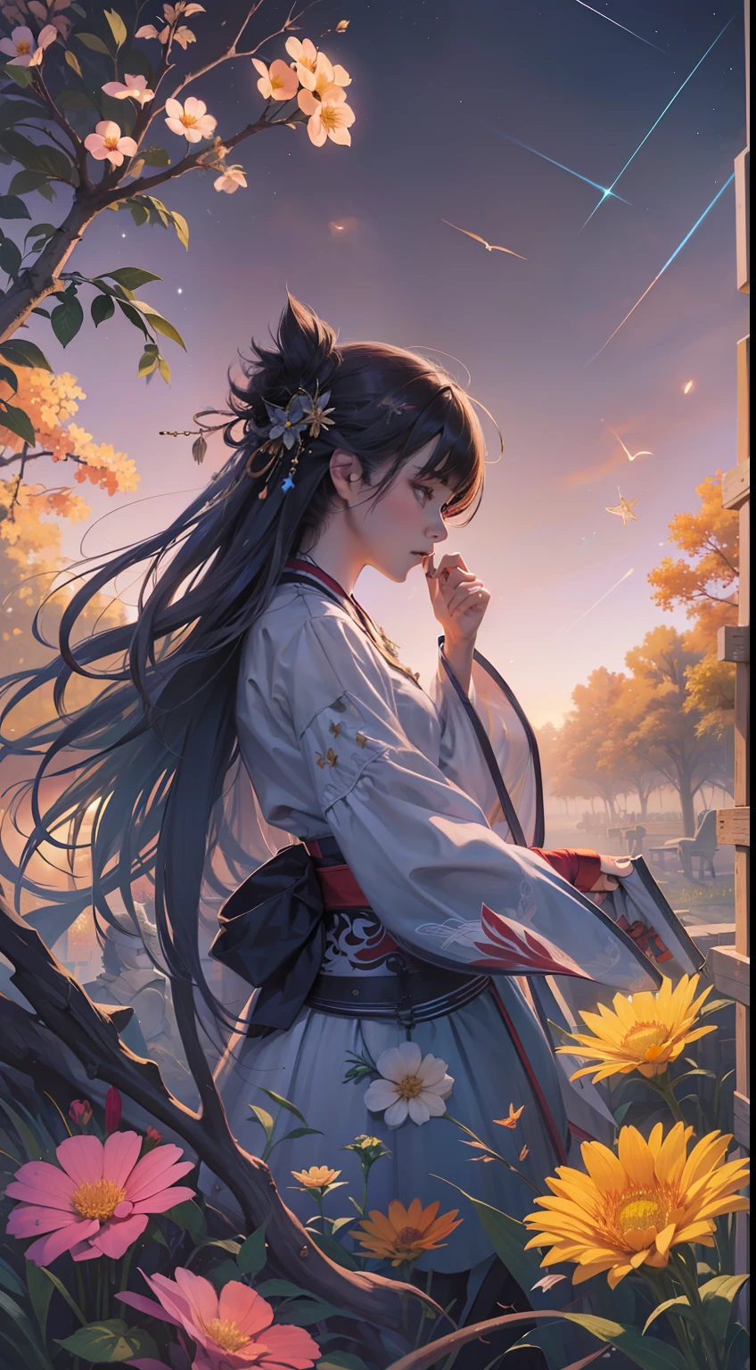 Vast landscape photos、(View from below with a view of the sky and the wilderness below)、Girl standing in a flower field and looking up、(fullmoon:1.2)、(shooting stars:0.9)、(nebulas:1.3)、mountain in the distance、Tree BREAK Production Art、(Warm color Light Source:1.2)、(fireflys:1.2)、abajour、Purple and orange、intricate detailes、Volume Lighting BREAK (masterpiece:1.2)、(top-quality)、4k、ultra-detailliert、(The composition of the movement:1.4)、Highly detailed and colorful details(Irridescent color:1.2)、(glowing lighting、Atmospheric illumination)、dream-like、Magical、(独奏:1.2)、ukiyoe painting、kabuki、