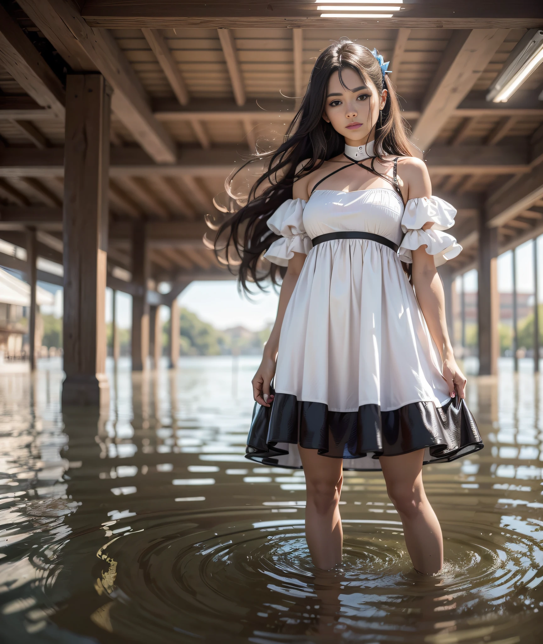 (linda garota, Trapare Blade Huner plastic dress < 1.5 ), sentada em uma lagoa. amplo, foco 22x. Hultra realista, reflexo, Lingth, Luz solar frontal. ...ISO. HD v3.