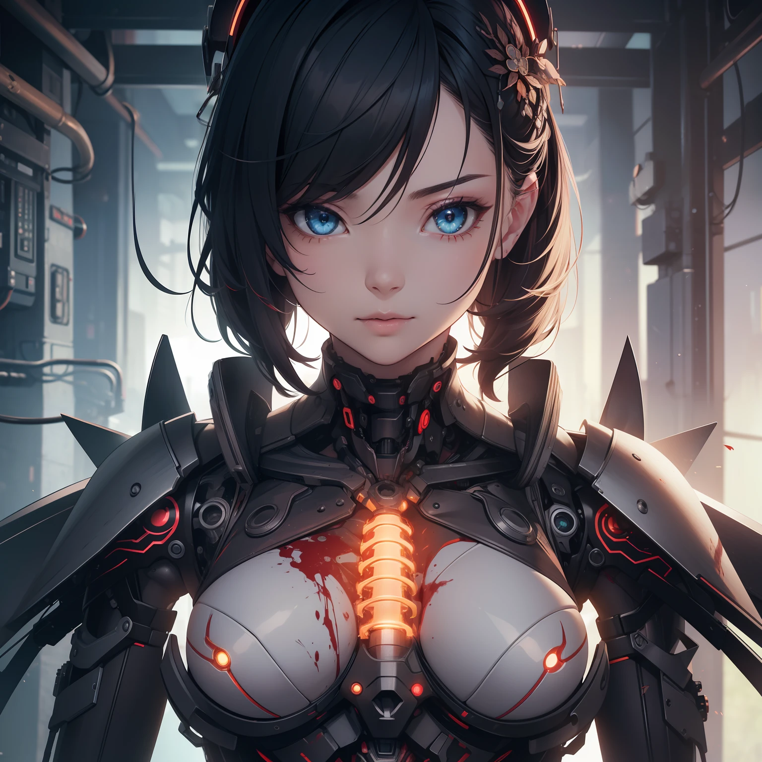 1 Mechanical Girl、((super realistic details))、portlate、globalillumination、Shadow、octan render、8K、ultrasharp、metals、Details of complex ornaments、cold color、highly intricate detail、Realistic light、CGSoation Trends、radiant eyes、neon details、Mechanical limbs、blood vessels connected to tubes、Mechanical vertebrae attached to the back、mechanical cervical attaching to neck、full bodyesbian、Wires and cables connecting to the head