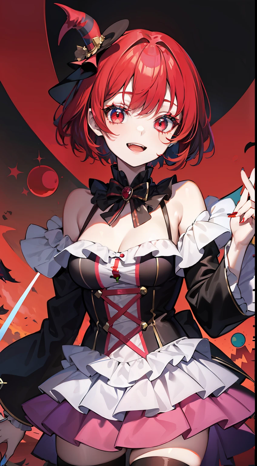 young girl, short black or red hair, The eyes are red, The shape of the royal jester, ssmile, clown makeup, Masterpiece, hiquality