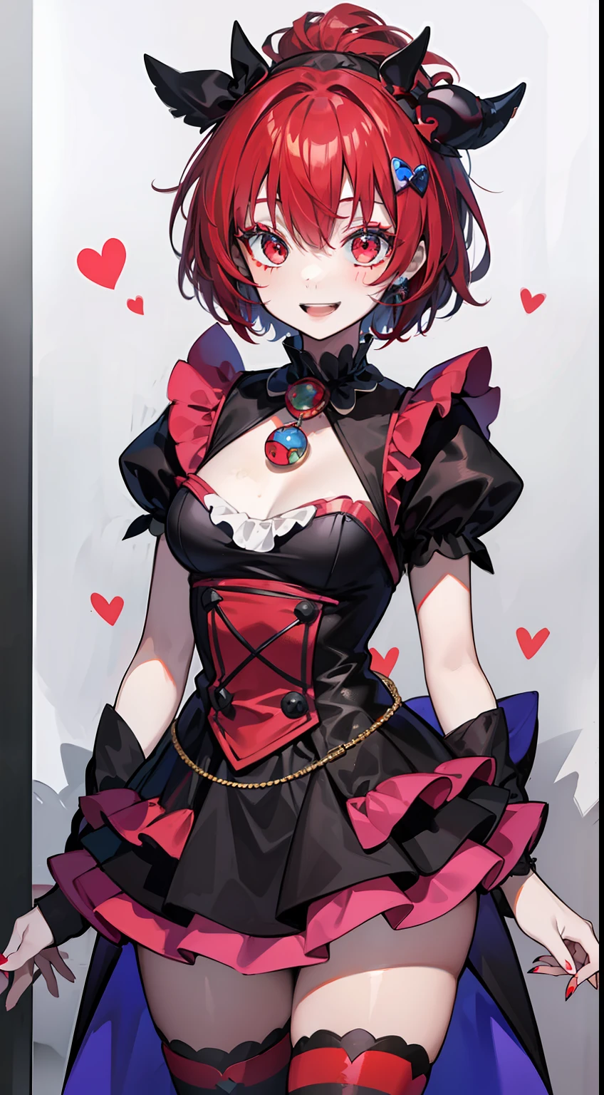 young girl, short black or red hair, The eyes are red, The shape of the royal jester, ssmile, clown makeup, Masterpiece, hiquality