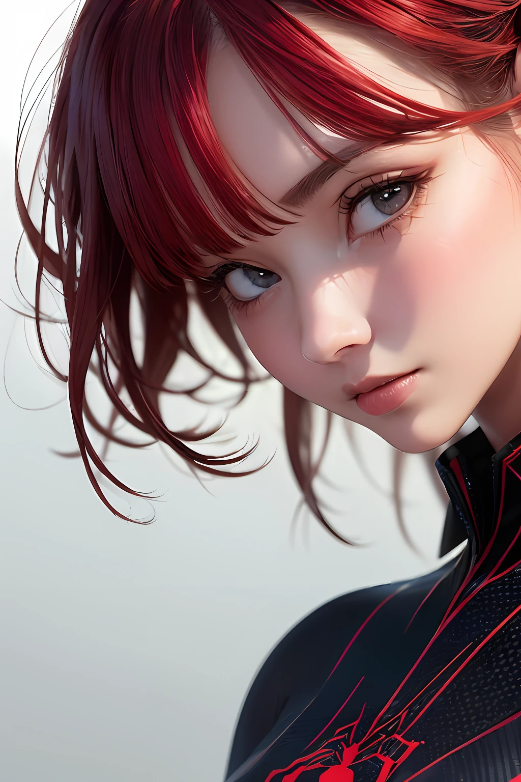best quality,game cg,1girl, masterpiece, best quality, 8k, detailed skin texture, detailed cloth texture, beautiful detailed face, intricate details, ultra detailed, audrey hepburn, Spider-Man uniform, straight red hair, (Half body:1.2)