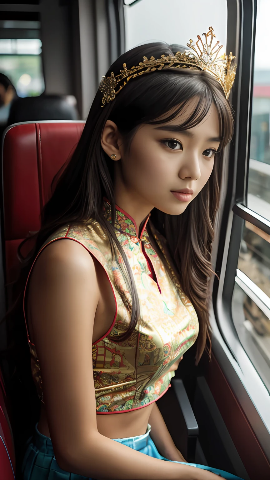 (tmasterpiece,K HD,hyper HD,16 K)brunette color hair,15 year old girl,Multi-layer gauze skirt,Blue and white embroidered chicken crown gold inlaid hairpin,Rouge makeup,Cherry mouth,Focus on the neckline,Slippery silky soft hair,glinting,Almost reluctant to look away,She wears suspenders!Imagine,She just wore a cheongsam to shop in bustling Sanlitun,I can't help but want to see more。Take a closer look, although,Her belly pocket is pretty stylish,The skirt flutters in the wind,It's like adding energy to an entire street,Alligator skin train,Sneak Peak Angle,(From the angle below),Sit in a fish-patterned seat on the train,Sitting in front,Zoom,head portrait,Head down and sleepy-eyed,look at the ground, best qualtiy, hyper HD, (realisticlying:1.4),, hight resolution, detaileds, RAW photogr, Sharp Re, 「Nikon D850 Film」Stock photo of Jeffries Lee 4 Kodak Portra 400 Camera F1.6 shots, Rich colors, Ultra-realistic vivid textures, Dramatic Lighting, Unreal Engine Art Station Trends, Synestil 800,
