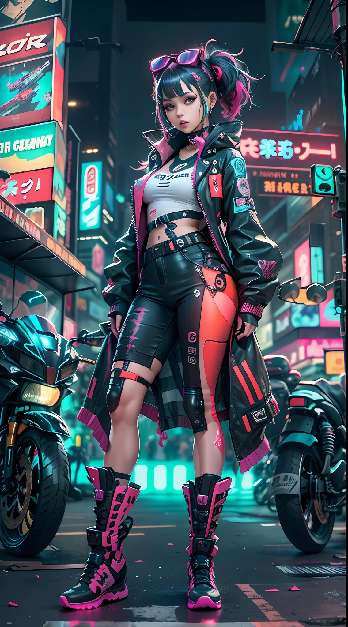 Masterpiece, Best quality, 1 Cyberpunk Girl, Full body shot, Stand in front of the motorcycle, view the viewer, Confident cyberpunk girl with funky expression, Popular costumes in Harajuku style, Bold colors and patterns, Eye-catching accessories, Trendy and innovative hairstyle, Vibrant makeup, Cyberpunk's dazzling cityscape, skyscrapper, Neon signs, LED lights, Bright and vivid color scheme, Anime, illustration, Detailed skin texture, Detailed cloth texture, Beautiful detailed face, Intricate details, Ultra detailed.