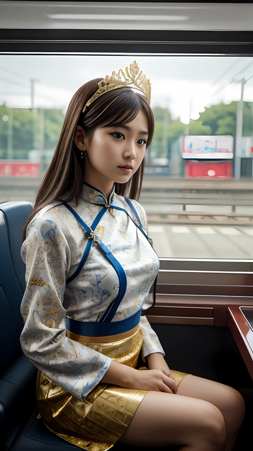 (tmasterpiece,K HD,hyper HD,16 K)brunette color hair,15 year old girl,Multi-layer gauze skirt,Blue and white embroidered chicken crown gold inlaid hairpin,Rouge makeup,Cherry mouth,Focus on the neckline,Slippery silky soft hair,glinting,Almost reluctant to look away,She wears suspenders!Imagine,She just wore a cheongsam to shop in bustling Sanlitun,I can't help but want to see more。Take a closer look, although,Her belly pocket is pretty stylish,The skirt flutters in the wind,It's like adding energy to an entire street,Alligator skin train,Sneak Peak Angle,(From the angle below),Sit in a fish-patterned seat on the train,Sitting in front,Zoom,head portrait,Head down and sleepy-eyed,look at the ground, best qualtiy, hyper HD, (realisticlying:1.4),, hight resolution, detaileds, RAW photogr, Sharp Re, 「Nikon D850 Film」Stock photo of Jeffries Lee 4 Kodak Portra 400 Camera F1.6 shots, Rich colors, Ultra-realistic vivid textures, Dramatic Lighting, Unreal Engine Art Station Trends, Synestil 800,