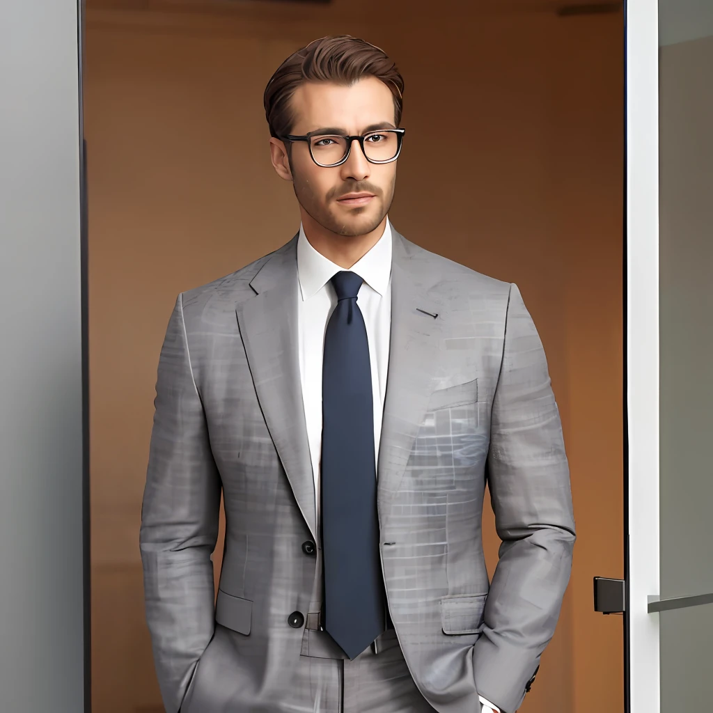 Realistic,  (masterpiece, best_quality:1.1), a man wearing glasses  standing in front of a glass door with a cross on it, zegna, Drop+7, Double vents, Notch lapels, Flap pockets, 2-button closure, Fully lined, Deconstructed, 100%+Wool, Grey, suits, young, wearing a undercloth and tie, oxford knot