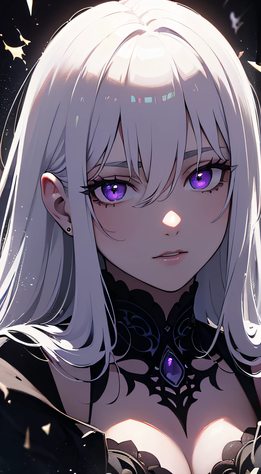 (masterpiece, best quality, ultra-detailed, best shadow), (detailed background,dark fantasy), (beautiful detailed face), high contrast, (best illumination, an extremely delicate and beautiful), ((cinematic light)), colorful, hyper detail, dramatic light, intricate details, (1girl, solo,white hair, sharp face,purple eyes, hair between eyes,dynamic angle), blood splatter, swirling black light around the character, depth of field,black light particles,(broken glass),magic circle,