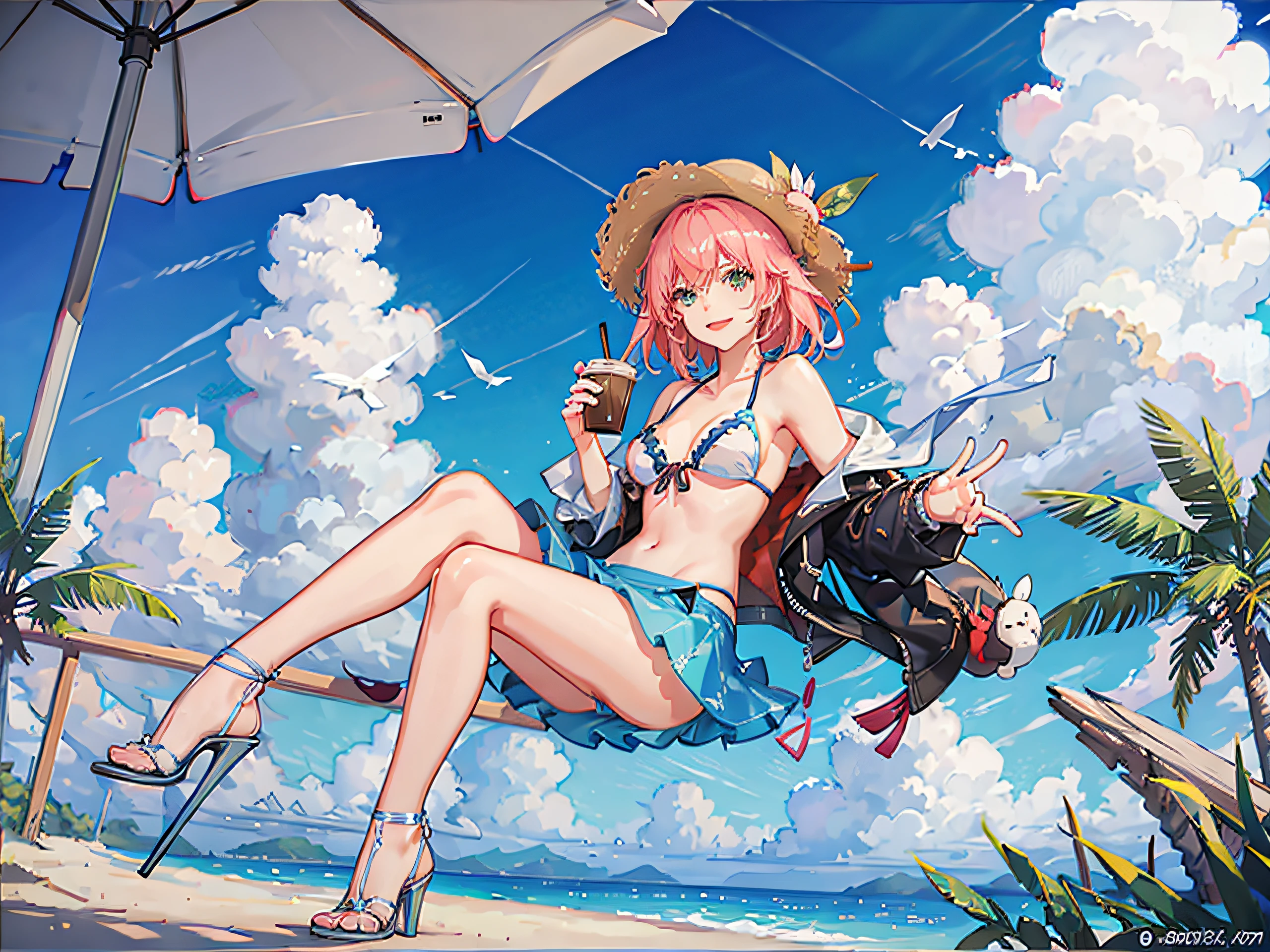 ((masterpiece:1.2, best quality)), swimsuit, anime girl, smiling, beach, summer sky, 1gilr, solo, brown short hair, bikini, cloud, palm tree, cute posing, straw hat, coffee cup, ice coffee, short check pattern skirt, centering character, night sky, star, shiny