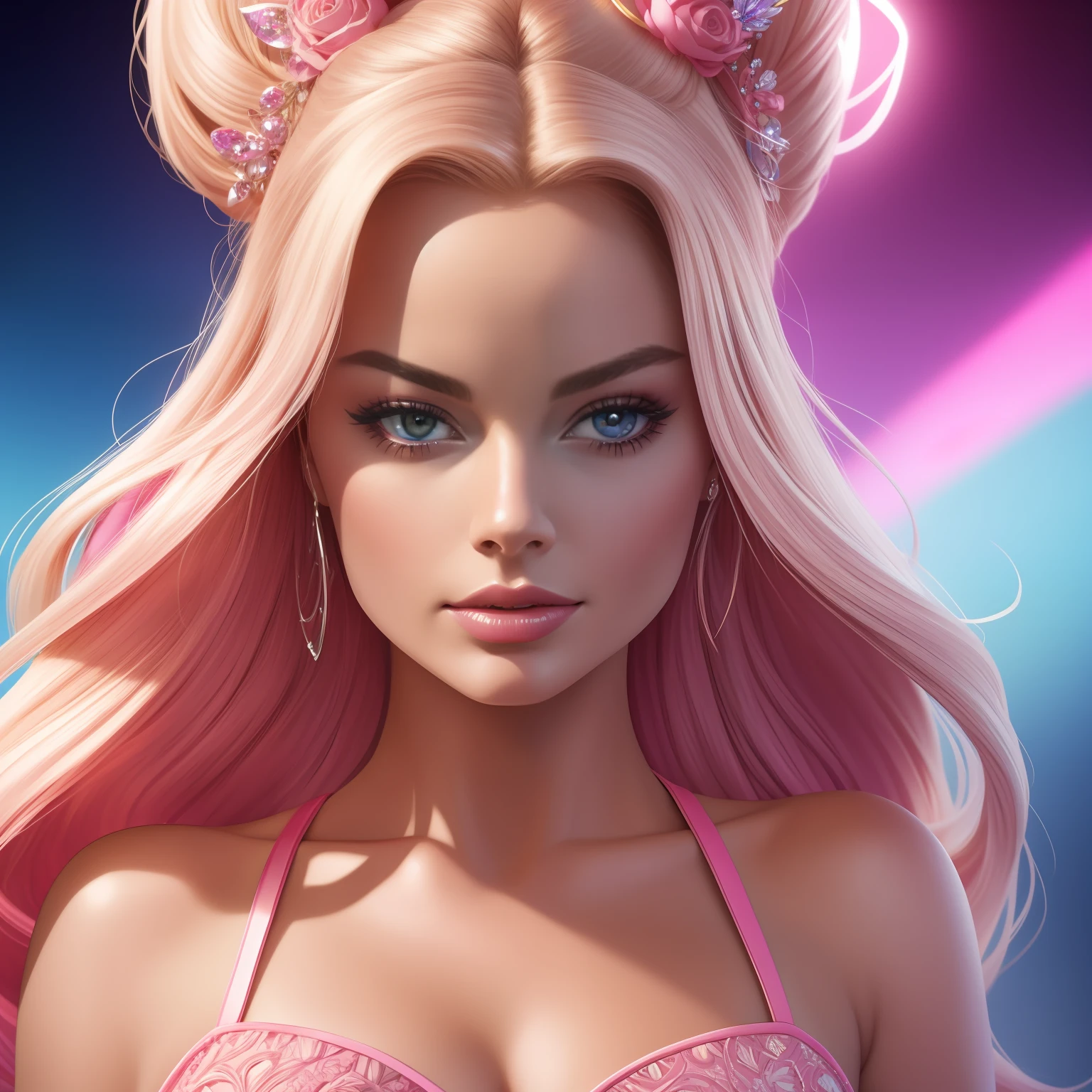 masterpiece, best quality, Margot Robbie as Barbie, y pink dress, Highly Detailed, Detailed Face, main dancefloor pink background, beautiful face, fully defined and symmetrical face, digital art, cinematic poster, luminism, extreme detail, showing in 4k format, complex, epic, staged rendering of the character, super high quality model, HiRes render, 4k, 8k