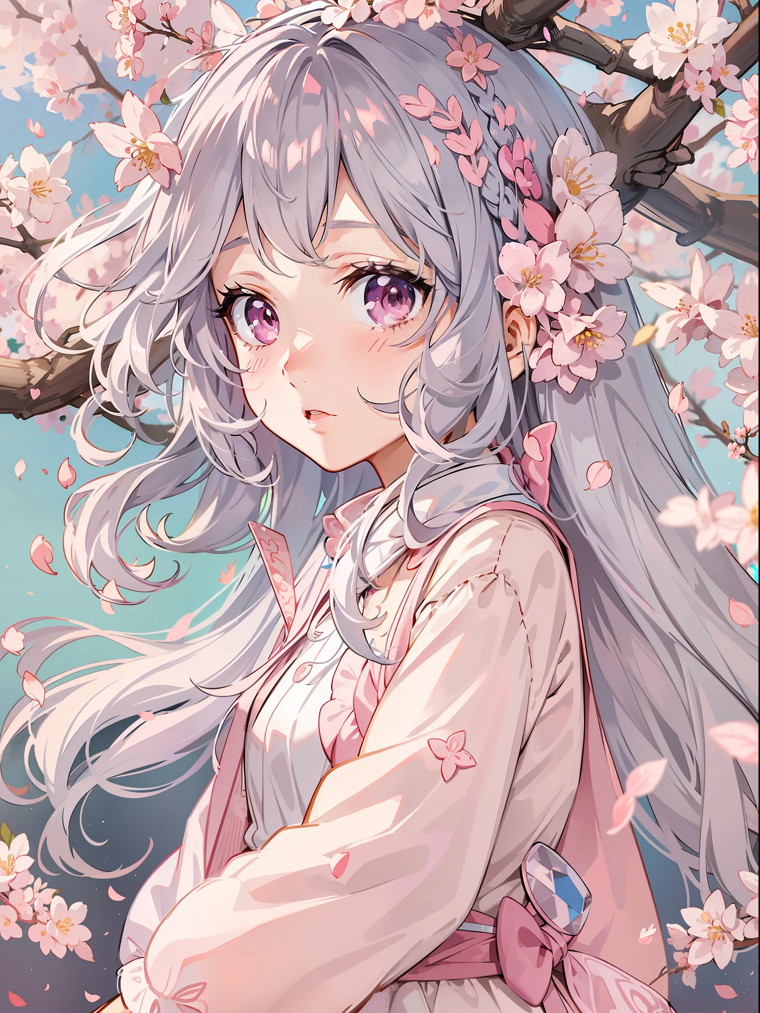 s girl,Pink gray hair,Pink eyes,peach blossom,Fairy air fluttering