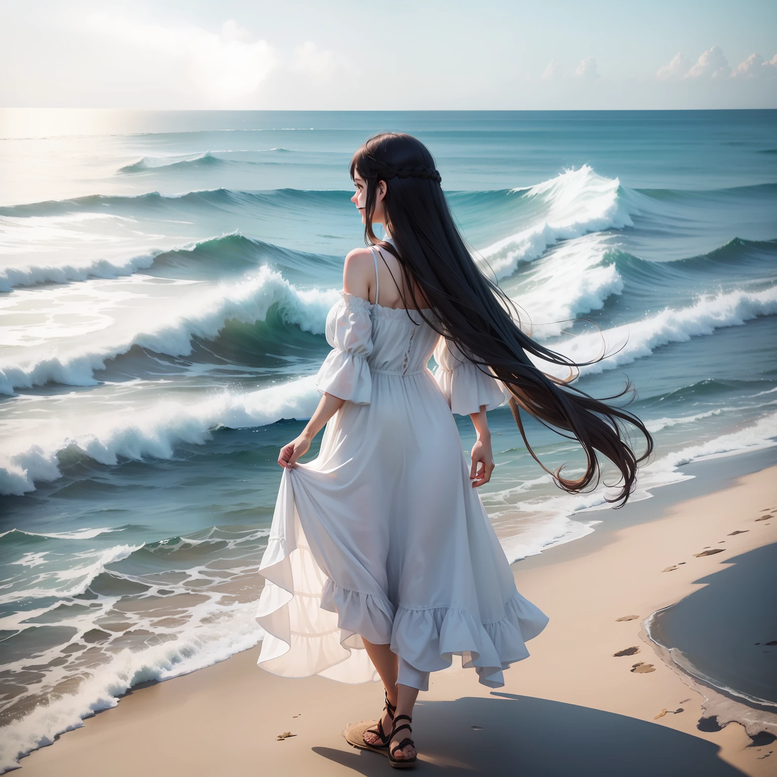 There is a girl with flowing hair，Barefoot，With a smile，Big eyes，wears a white dress，Facing the sea，The sky is blue，The sea is blue，Leisurely walk towards the sea，Shooting distance 15 meters