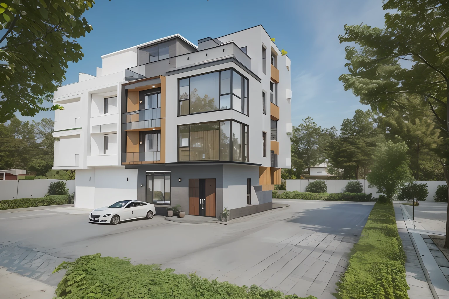Modern self-built house，Three and a half layers，rendering，There was a car parked in front, very realistic 3 d render, high quality rendering, 3 d photorealistic render, precise architectural rendering, 3 d vray render, photograph realistic