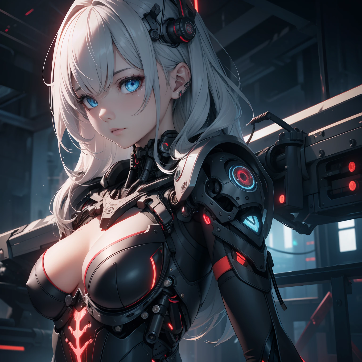 1 Mechanical Girl、((super realistic details))、full bodyesbian、globalillumination、Shadow、octan render、8K、ultrasharp、metals、Details of complex ornaments、cold color、highly intricate detail、Realistic light、CGSoation Trends、radiant eyes、Facing the camera、neon details、Mechanical limbs、blood vessels connected to tubes、Mechanical vertebrae attached to the back、mechanical cervical attaching to neck、Wires and cables connecting to the head