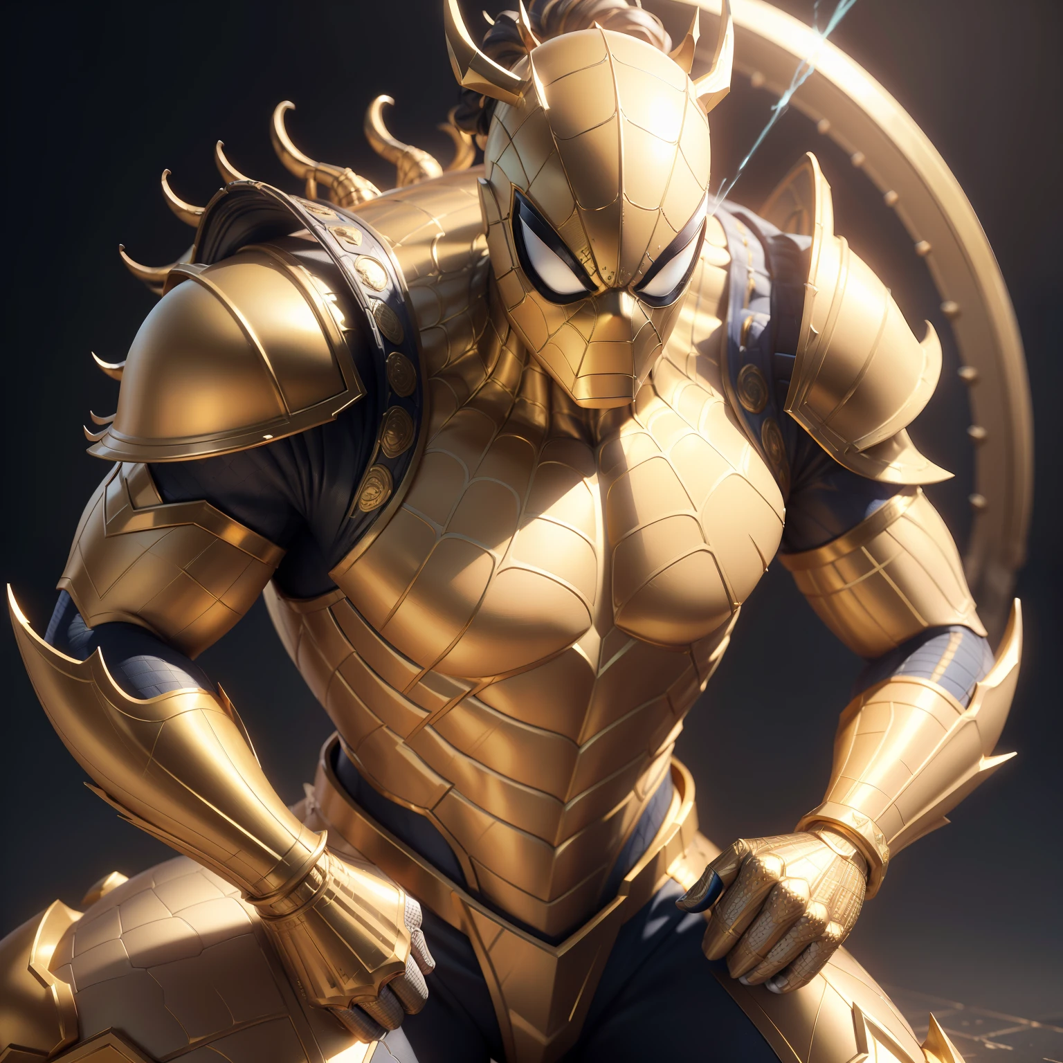 a close up of a statue of a man with a gold and white costume, super detailed render, 3 d render character art 8 k, intricate white and gold armor, full samurai armor spiderman, high detail iconic character, 8k render”, octane render ”, octane render”, super detailed octane render, super rendered in octane render, hyper detailed 3 d render, futuristic style spiderman