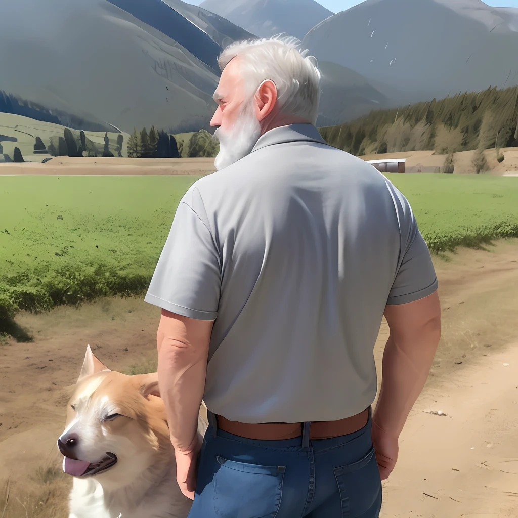 a man over 60, average person, strong, gray beard, farmer's shirt and a pair of jeans with a dog at his side. Farmhouse and sometimes some mountainous vegetation.