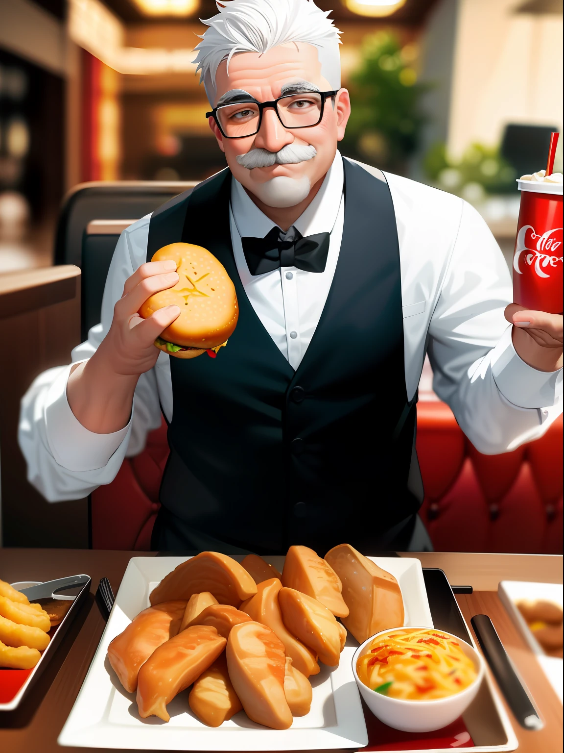 tmasterpiece,best qualityer,Detailed details,An old grandfather, ssmile,KFC hamburger,Coke,Grilled chicken wings,White hair,white mustache,Fat Chubby,white business suit,White trousers,a black bowtie,red apron,dynamicposes,restaurant,fast food restaurant